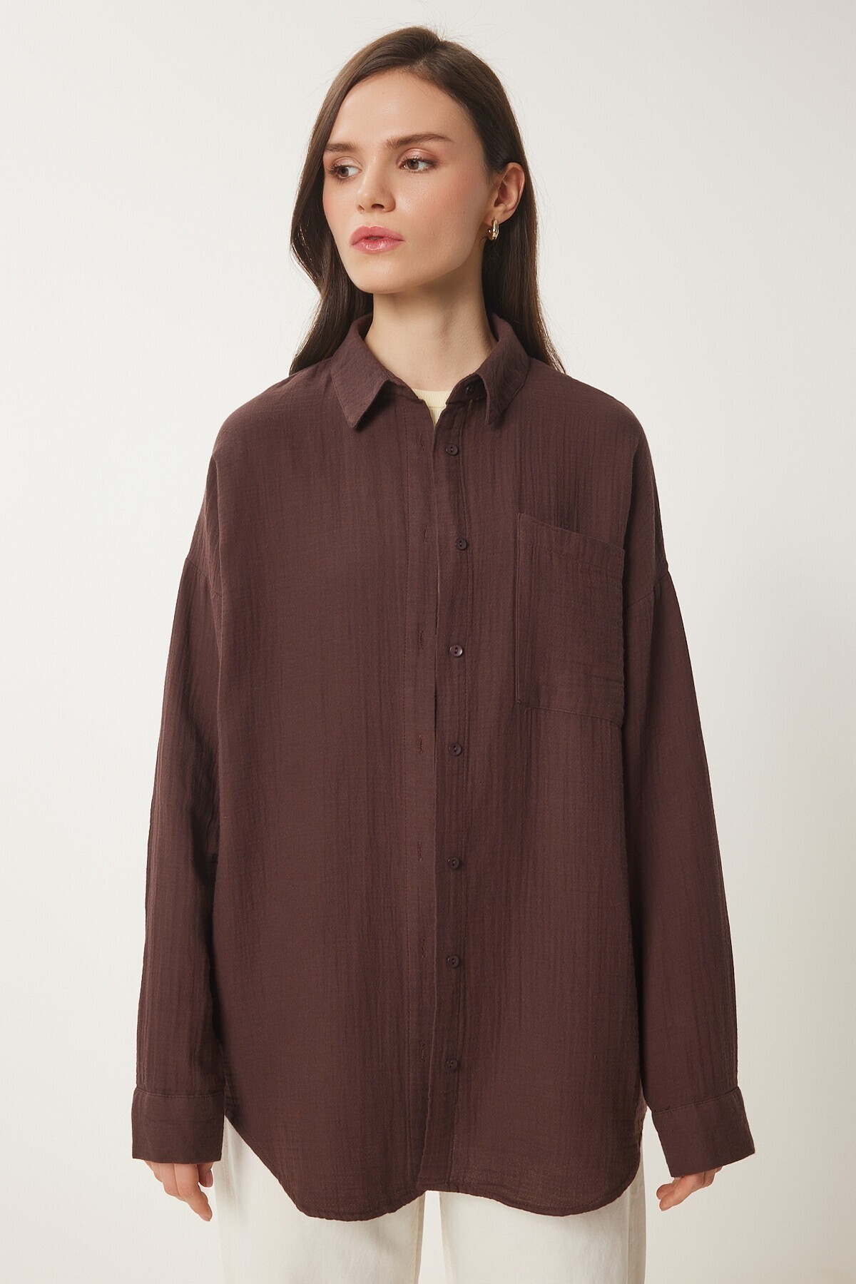 Oversize Basic Müslin Gömlek KAHVERENGİ LMX0002