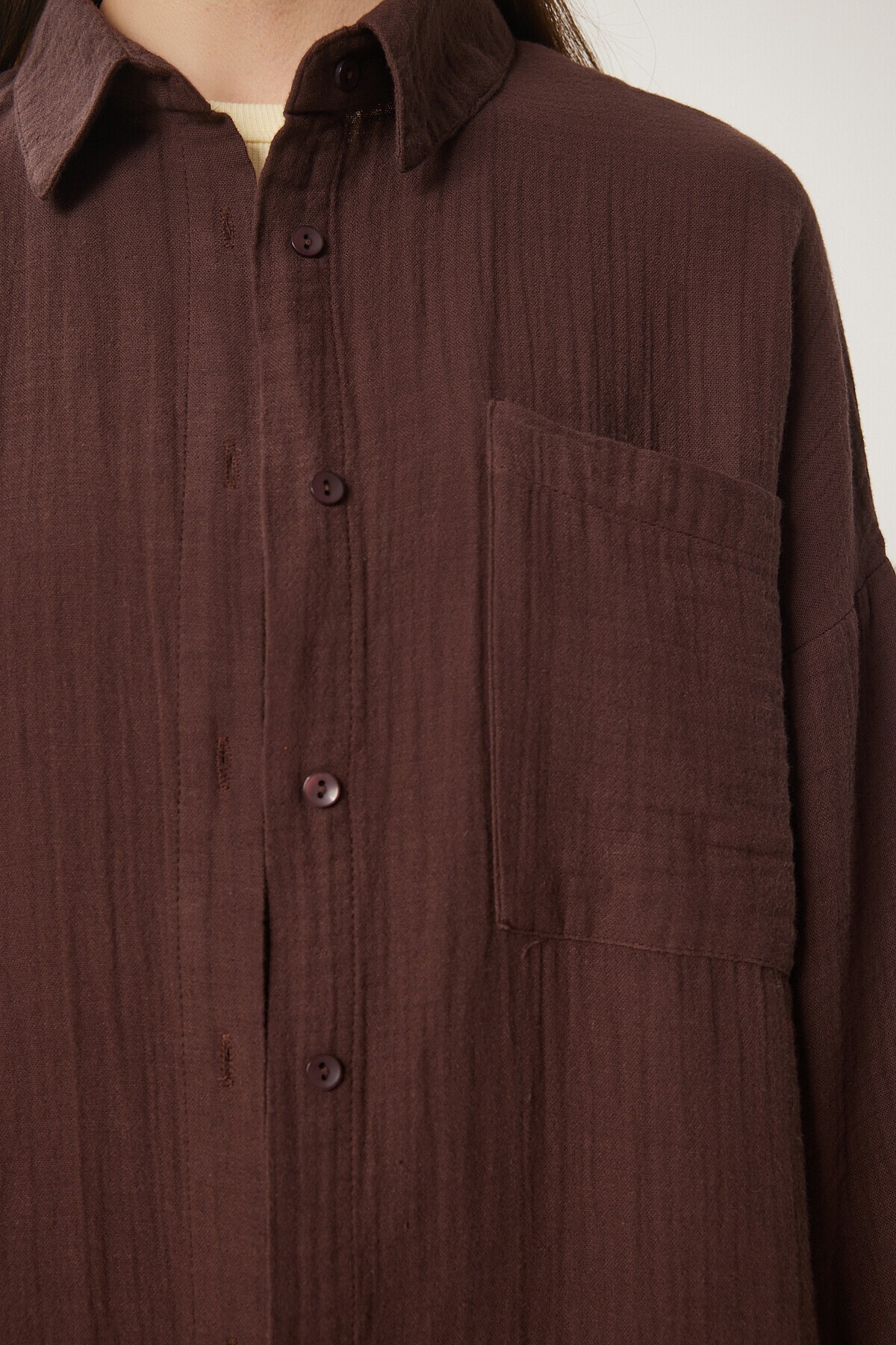 Oversize Basic Müslin Gömlek KAHVERENGİ LMX0002