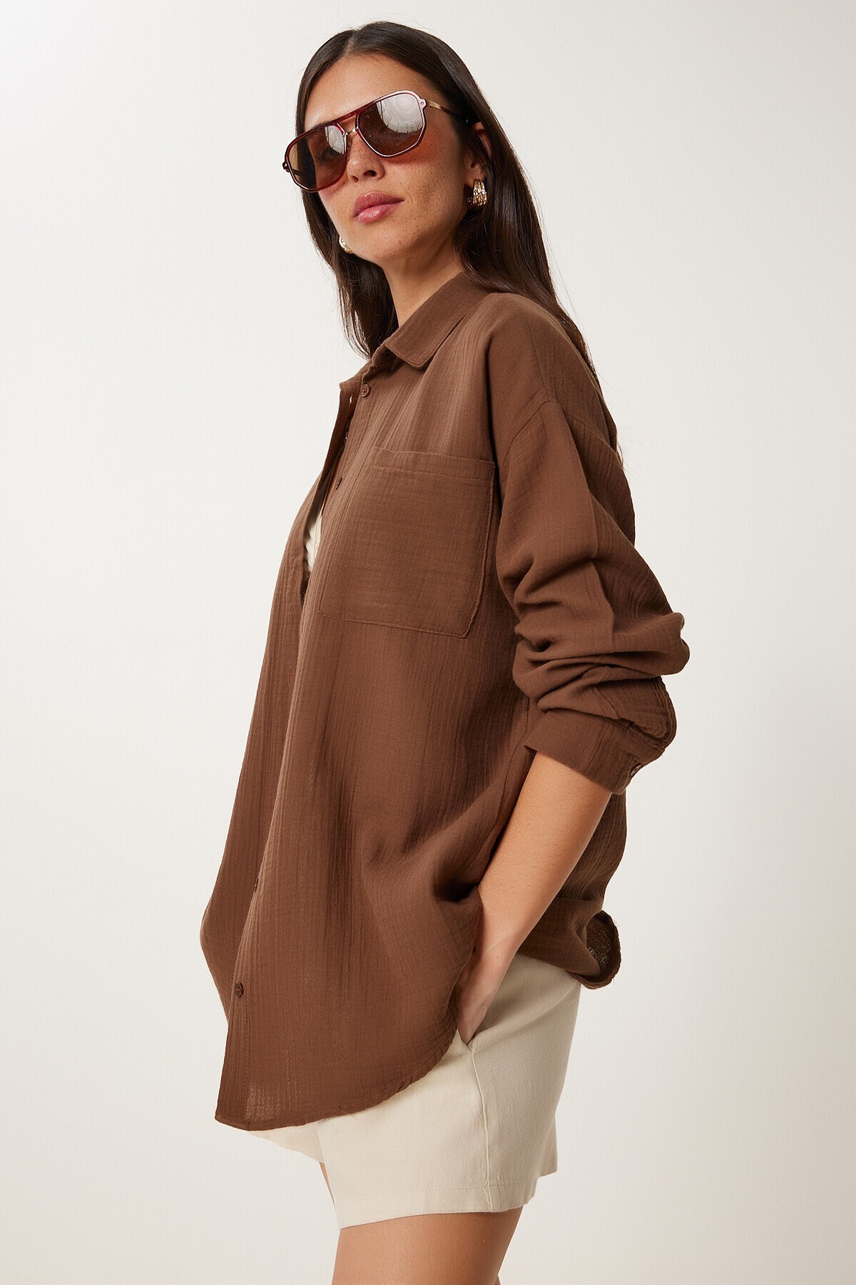 Oversize Basic Müslin Gömlek KAKAO LMX0002