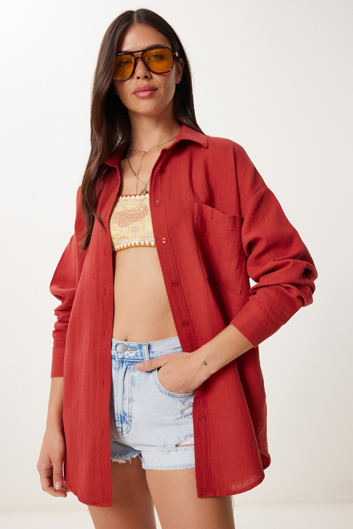 Oversize Basic Müslin Gömlek KİREMİT LMX0002