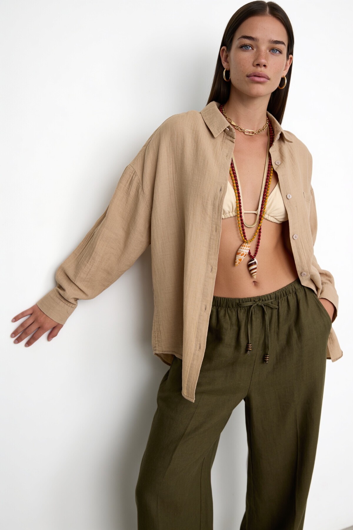 Oversize Basic Müslin Gömlek KREM LMX0002