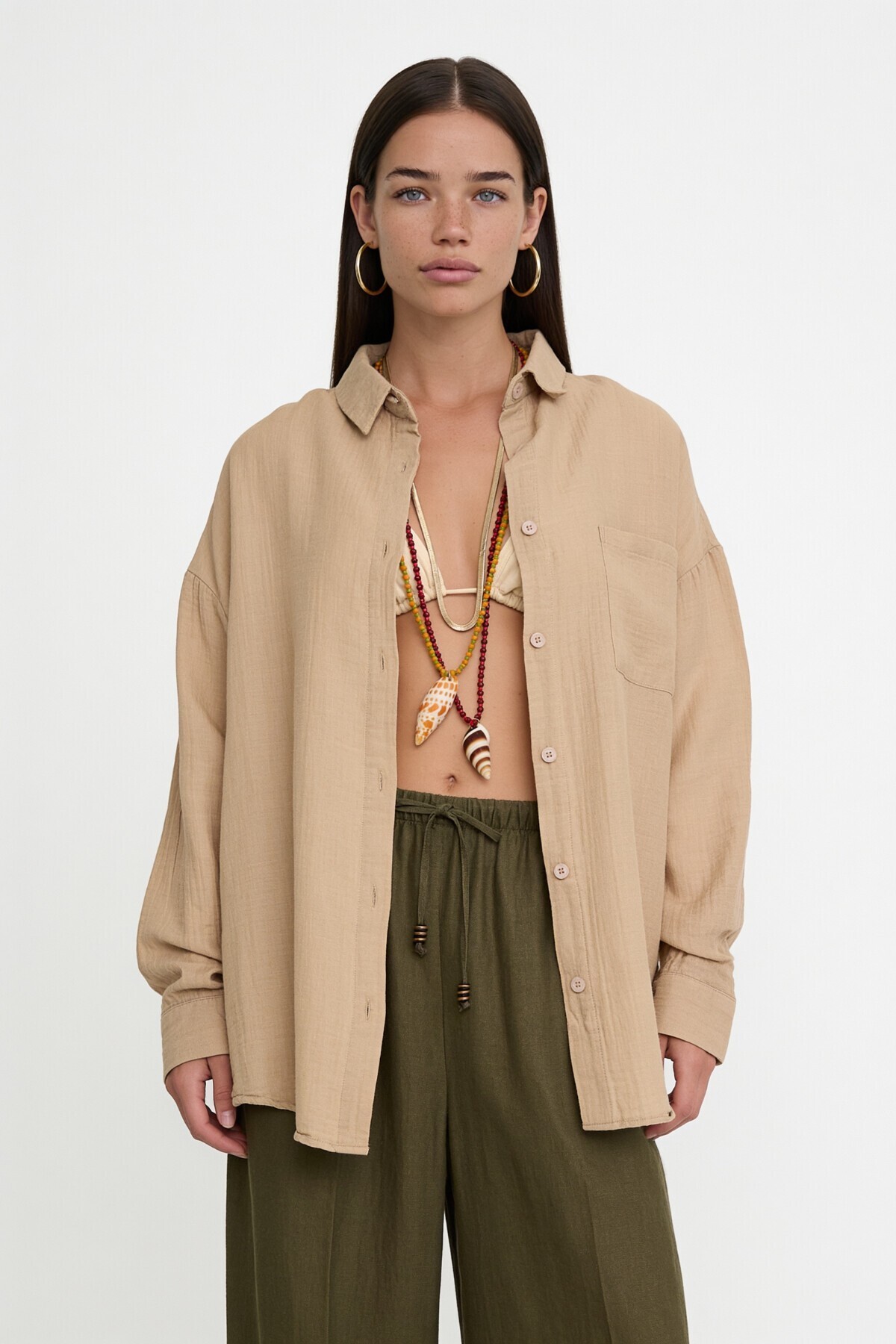 Oversize Basic Müslin Gömlek KREM LMX0002