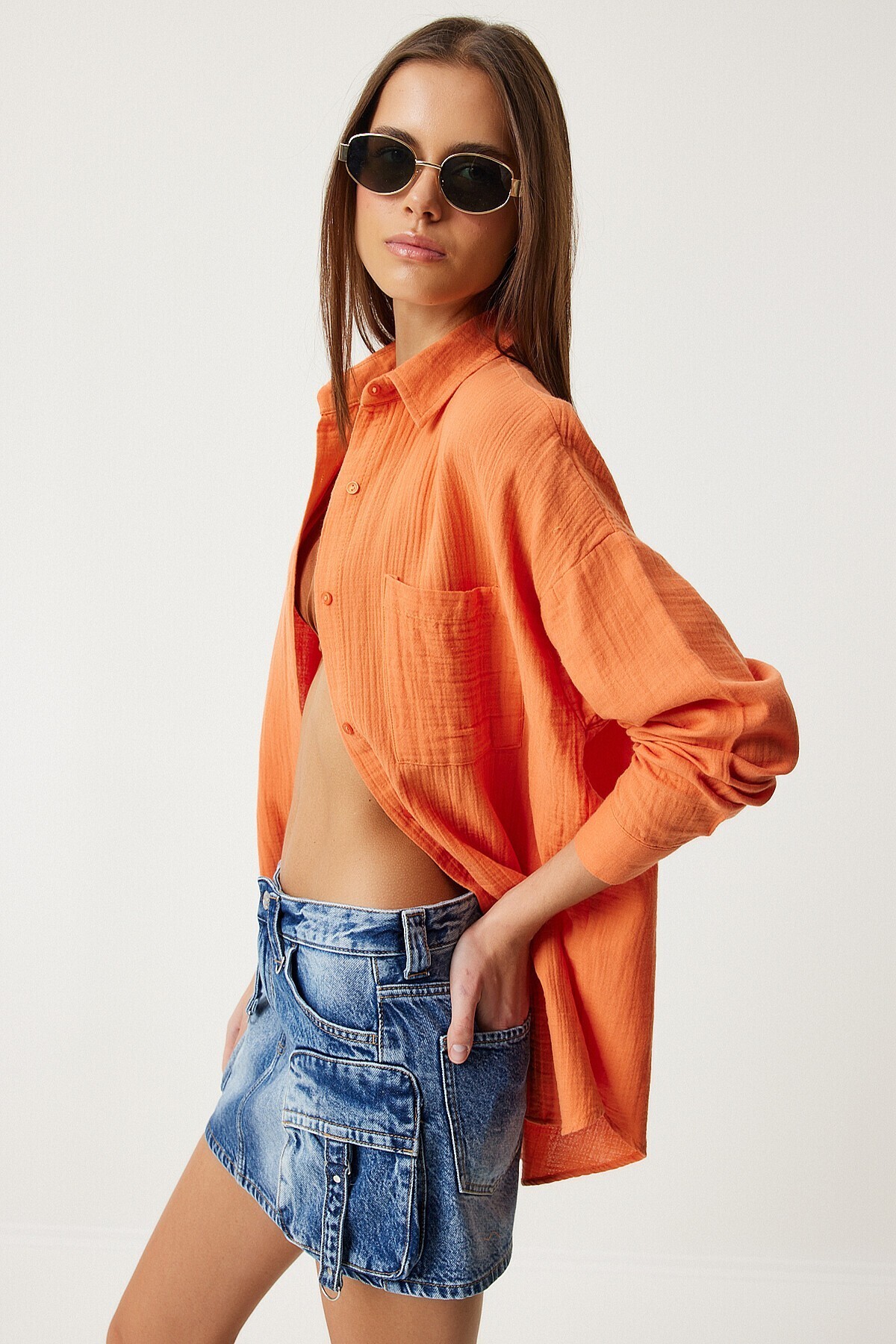 Oversize Basic Müslin Gömlek ORANJ LMX0002