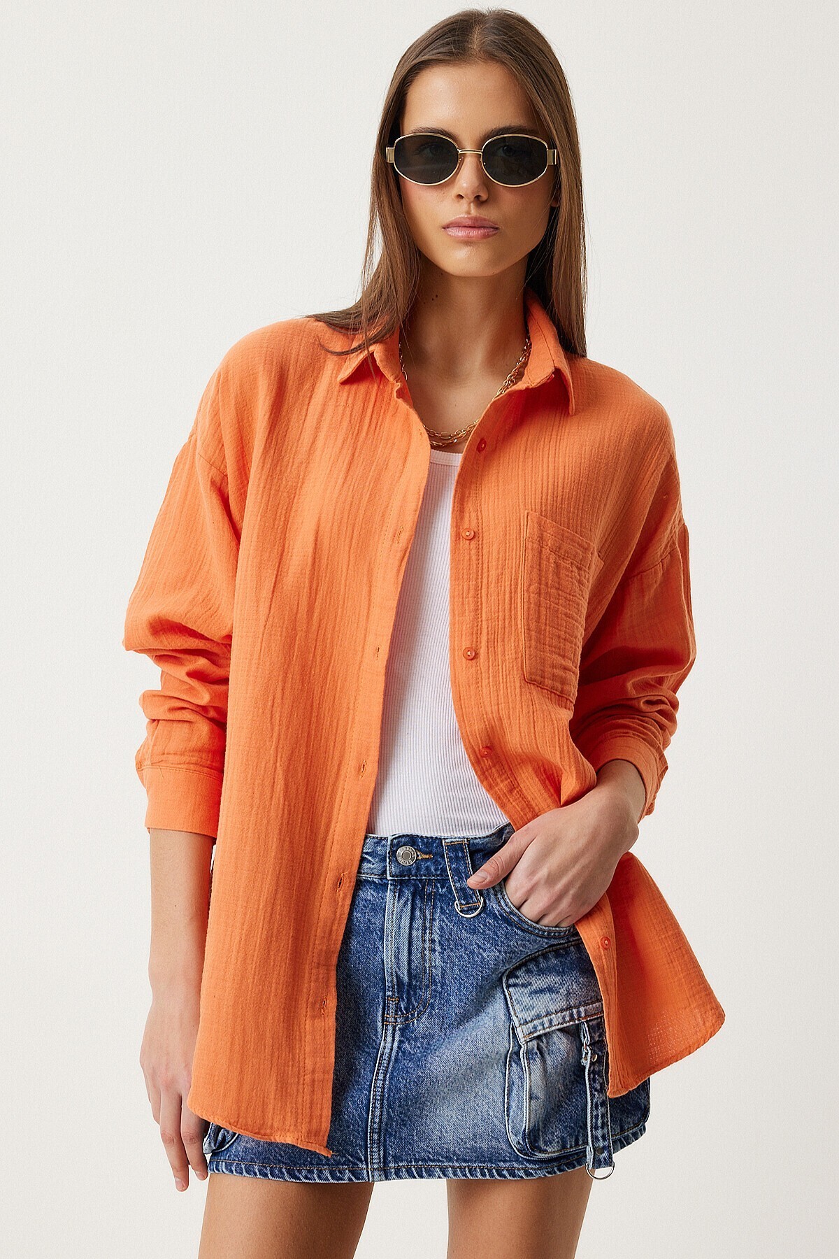 Oversize Basic Müslin Gömlek ORANJ LMX0002