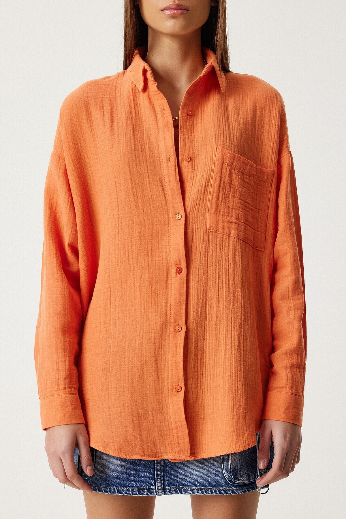 Oversize Basic Müslin Gömlek ORANJ LMX0002
