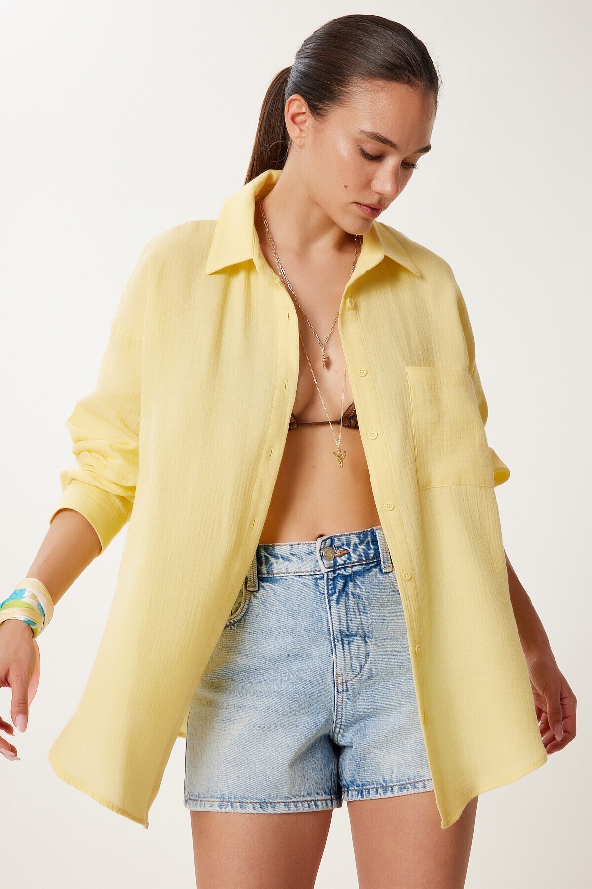 Oversize Basic Müslin Gömlek SARI LMX0002