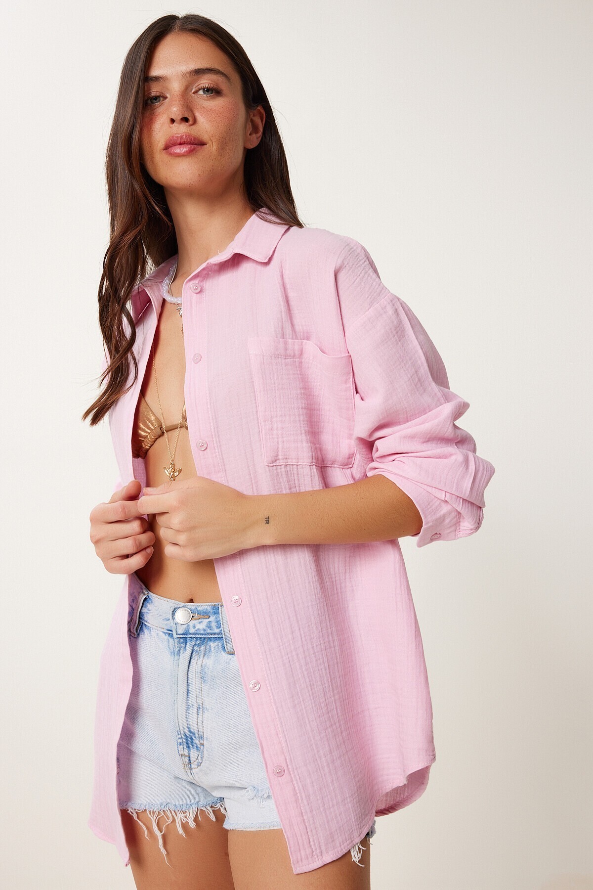 Oversize Basic Müslin Gömlek ŞEKER PEMBE LMX0002