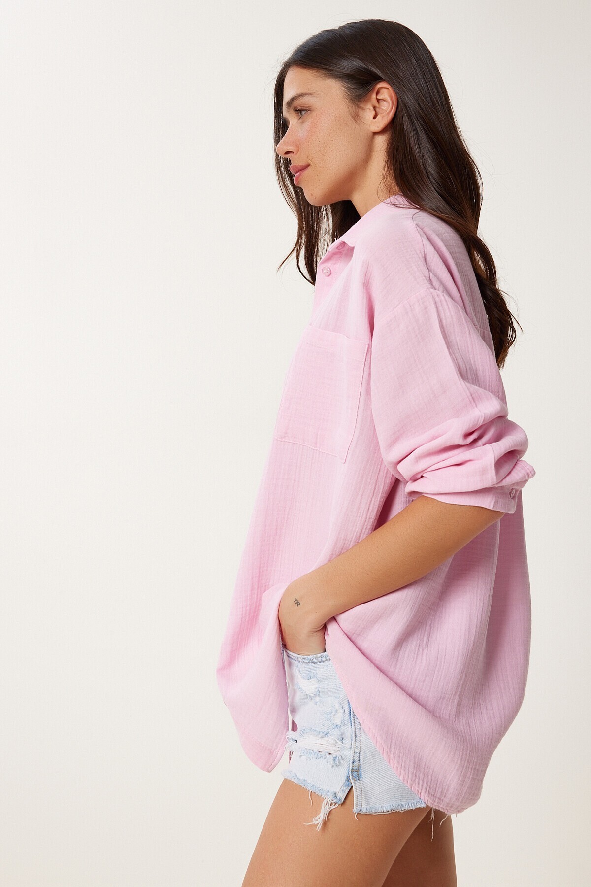 Oversize Basic Müslin Gömlek ŞEKER PEMBE LMX0002