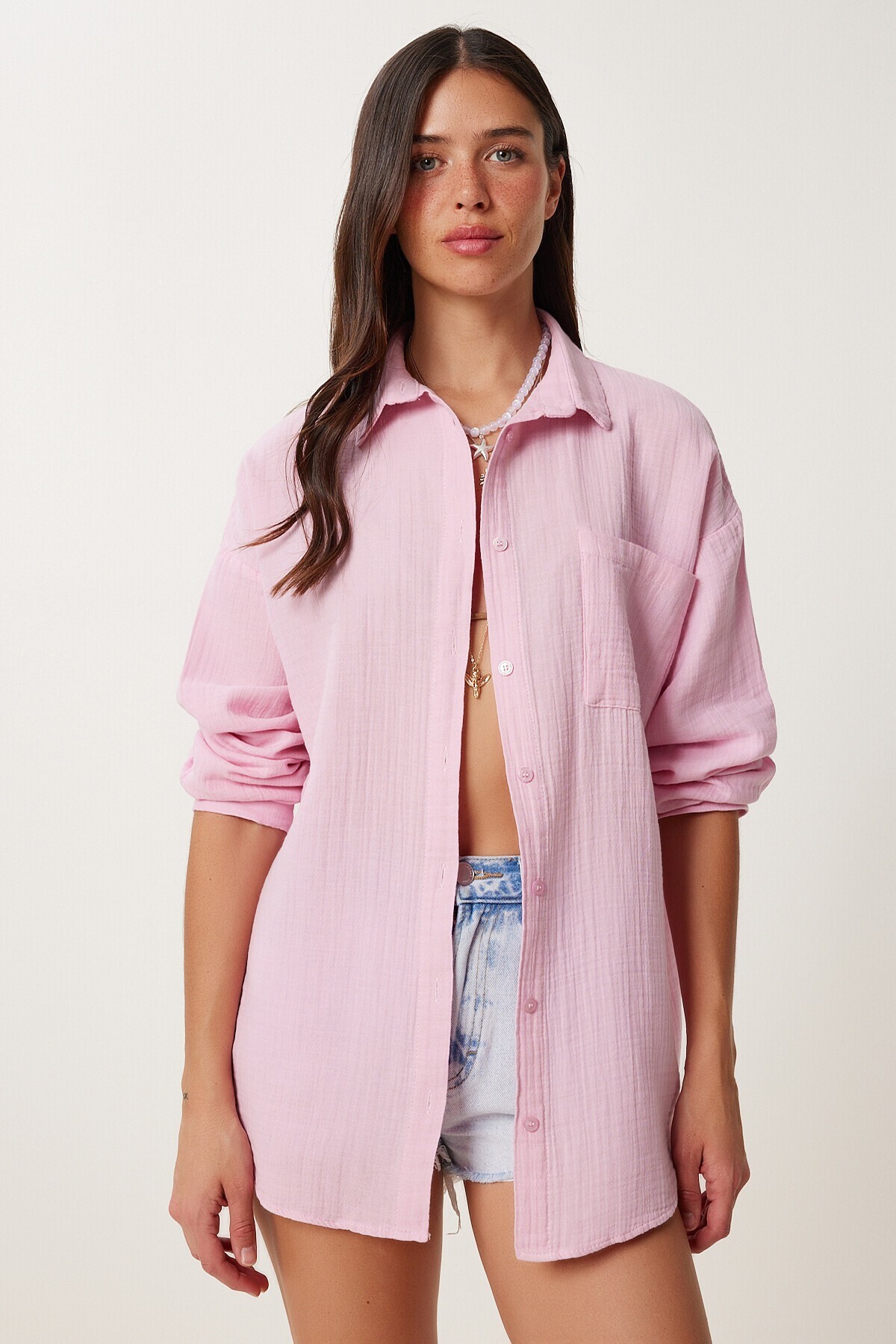 Oversize Basic Müslin Gömlek ŞEKER PEMBE LMX0002