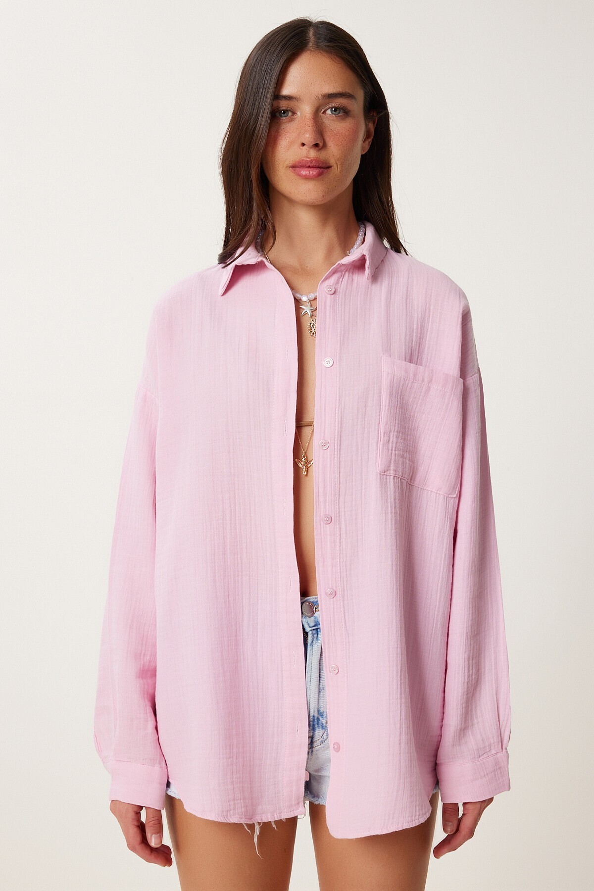 Oversize Basic Müslin Gömlek ŞEKER PEMBE LMX0002