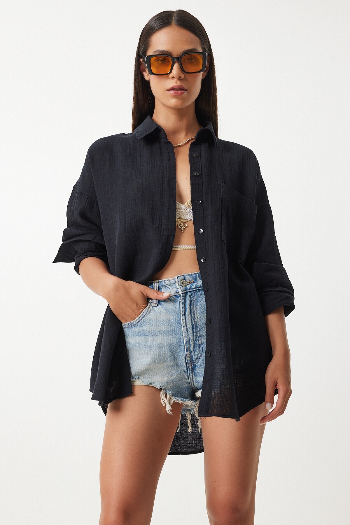 Oversize Basic Müslin Gömlek SİYAH LMX0002