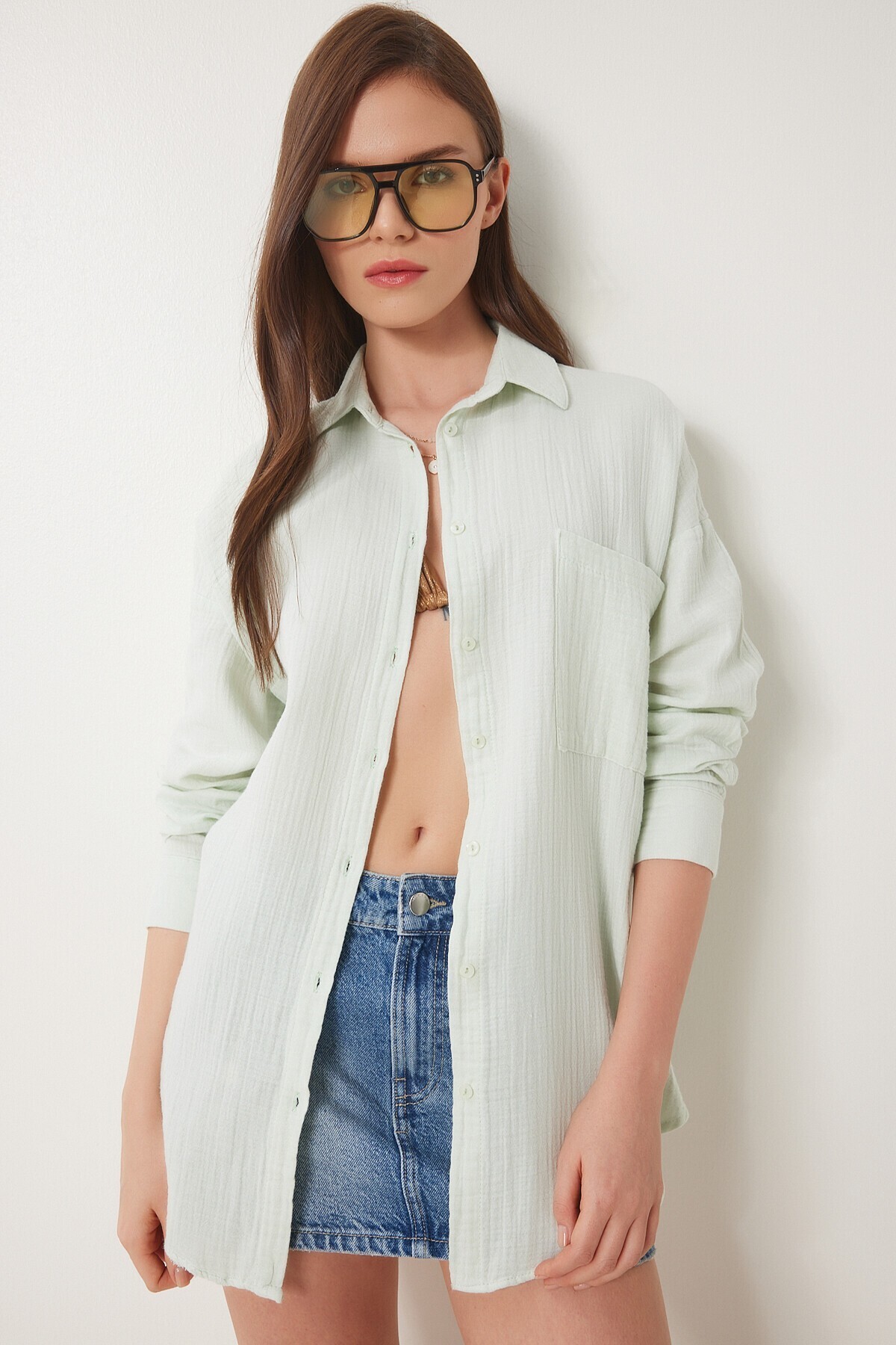 Oversize Basic Müslin Gömlek SU YEŞİLİ LMX0002