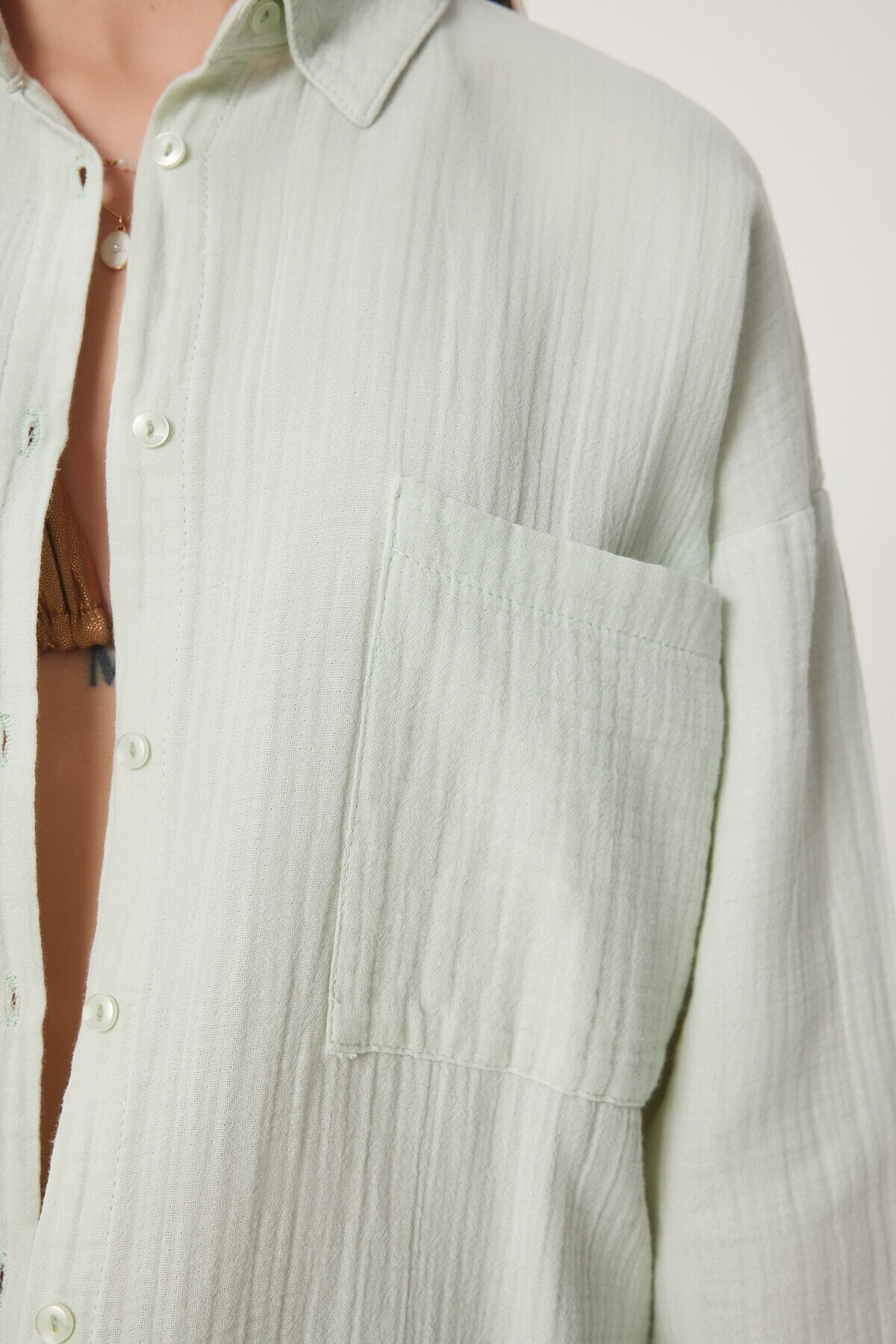 Oversize Basic Müslin Gömlek SU YEŞİLİ LMX0002