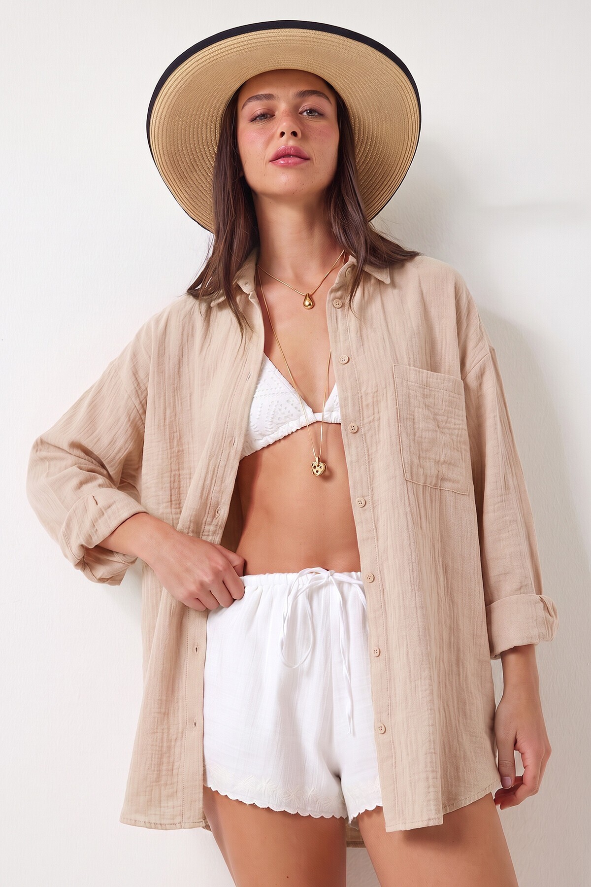 Oversize Basic Müslin Gömlek TAŞ LMX0002