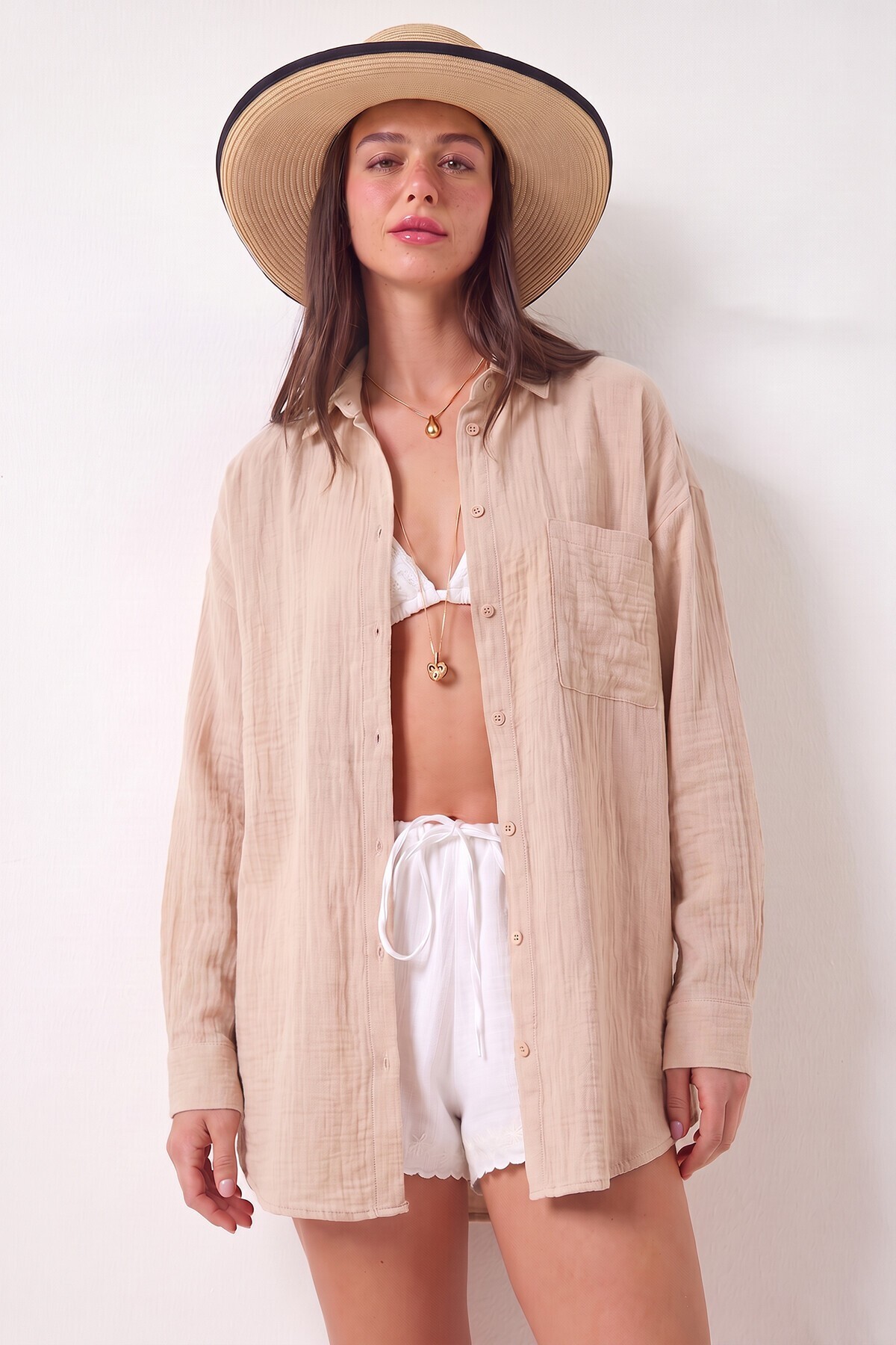 Oversize Basic Müslin Gömlek TAŞ LMX0002