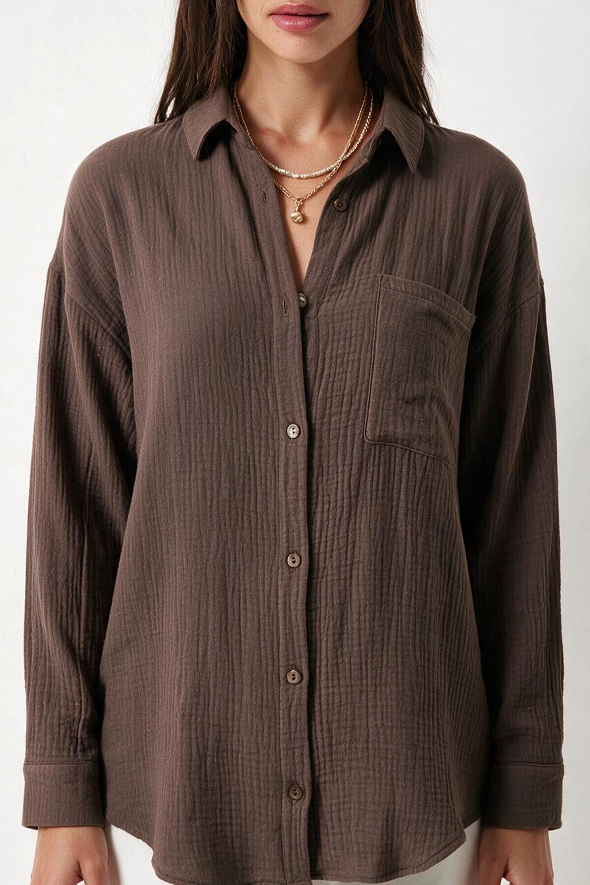 Oversize Basic Müslin Gömlek VİZON LMX0002