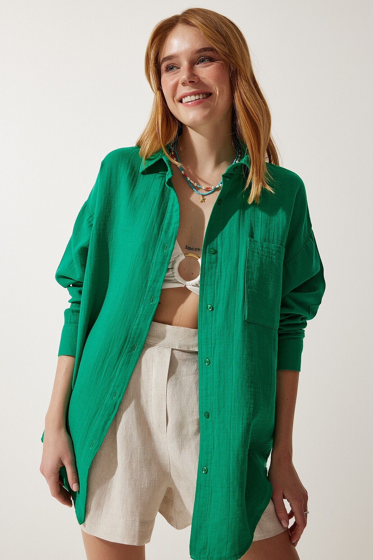 Oversize Basic Müslin Gömlek YEŞİL LMX0002