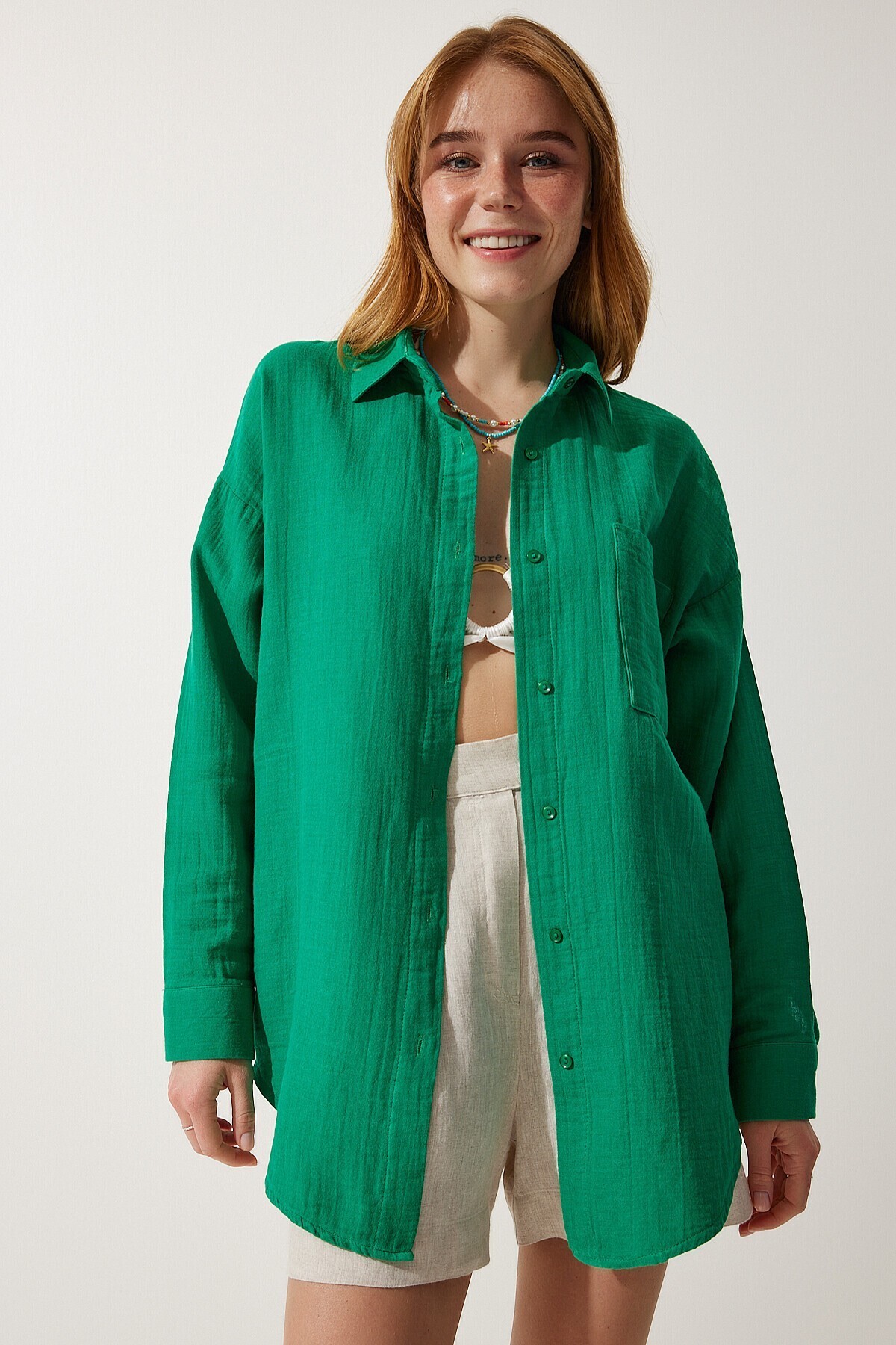 Oversize Basic Müslin Gömlek YEŞİL LMX0002