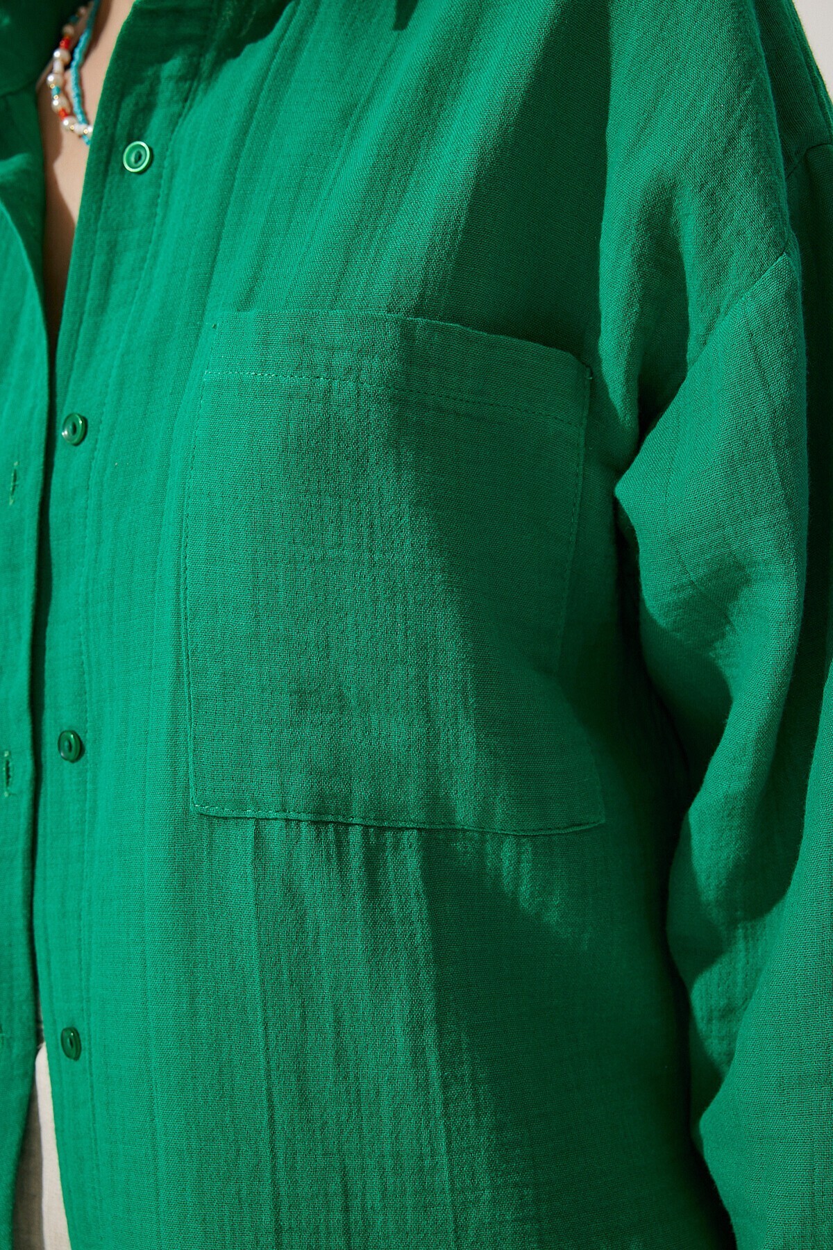 Oversize Basic Müslin Gömlek YEŞİL LMX0002