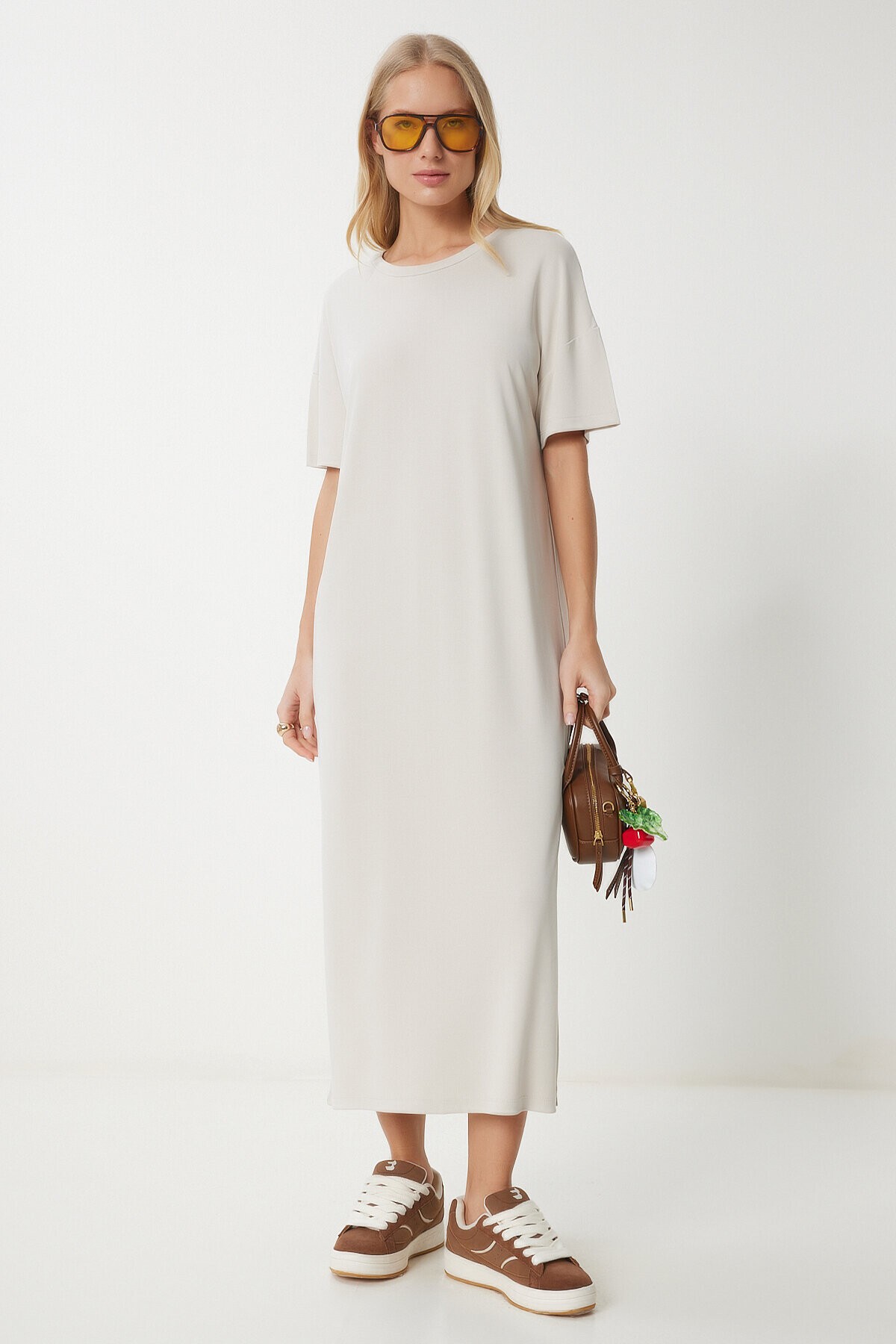 Oversize Basic Yazlık Örme Elbise KREM LUB0082