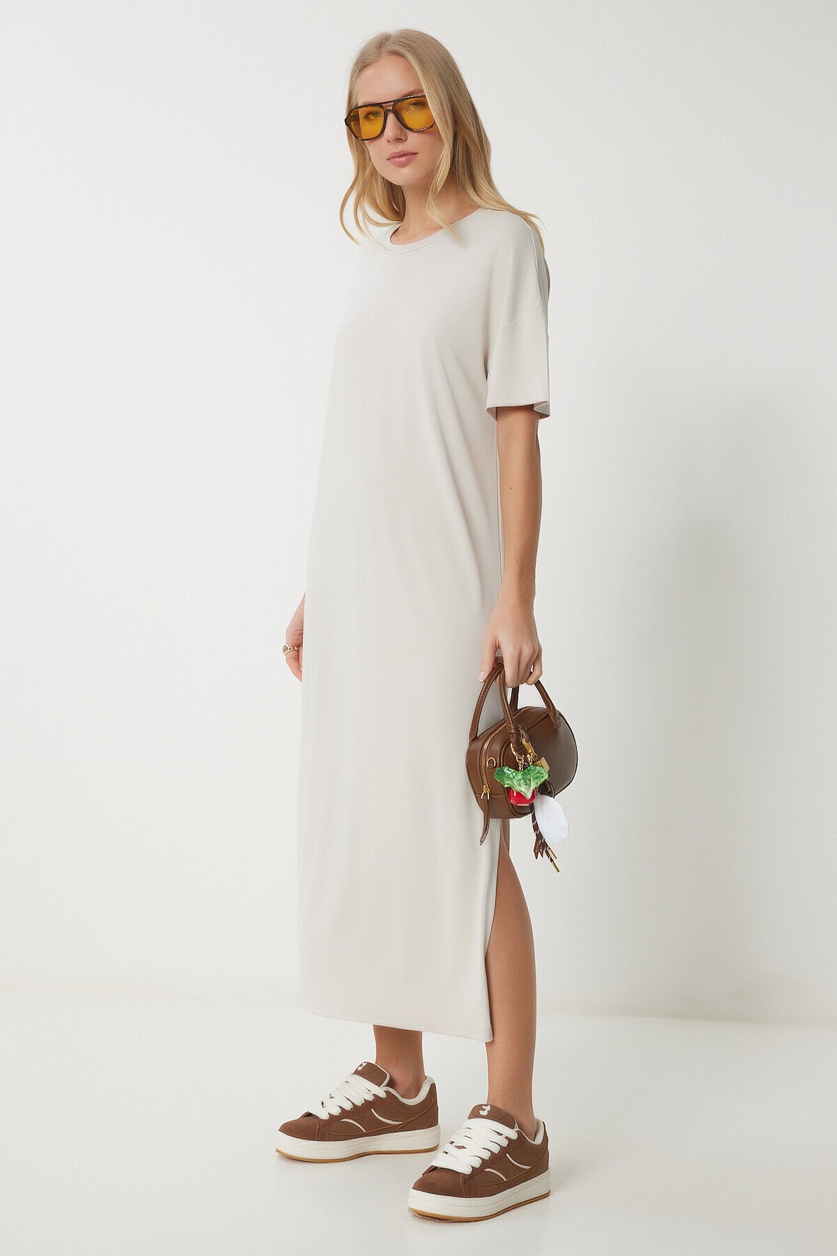 Oversize Basic Yazlık Örme Elbise KREM LUB0082