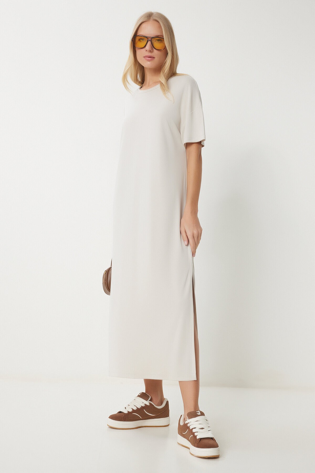 Oversize Basic Yazlık Örme Elbise KREM LUB0082