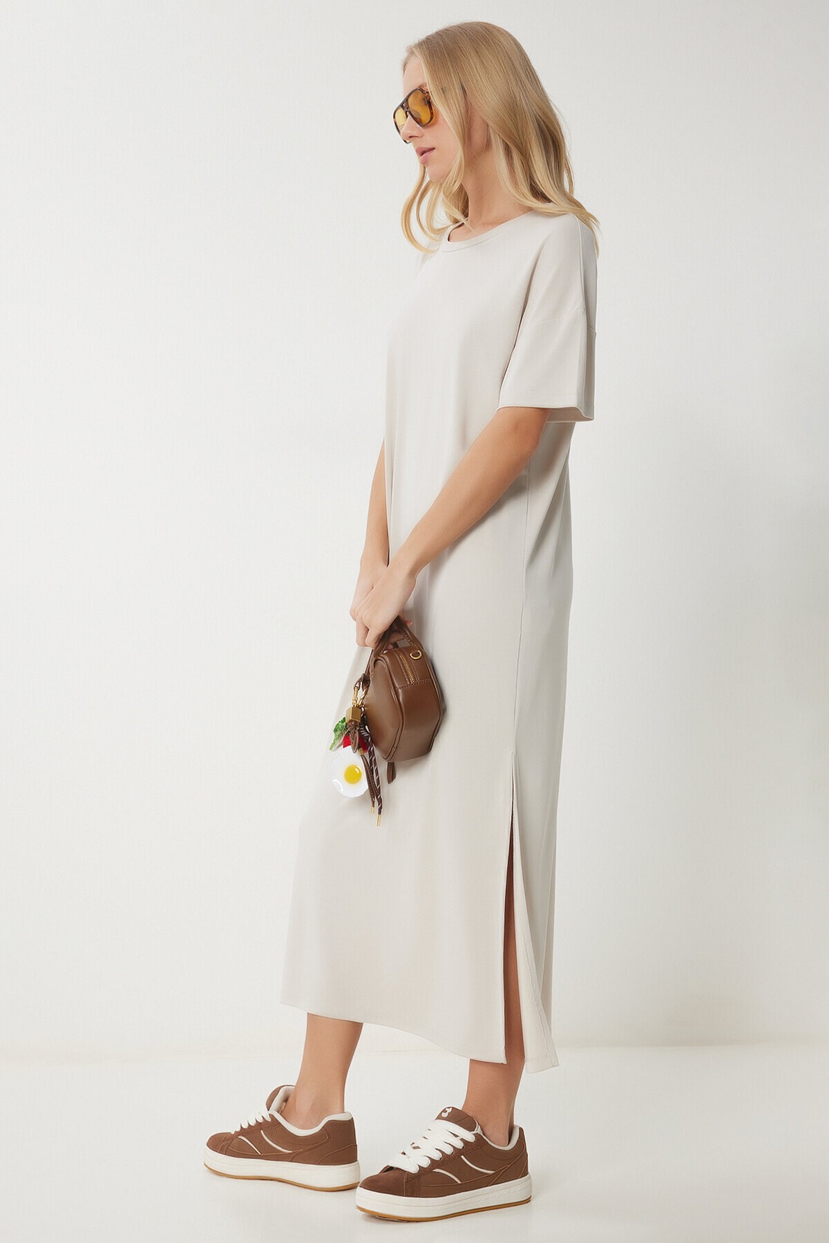 Oversize Basic Yazlık Örme Elbise KREM LUB0082
