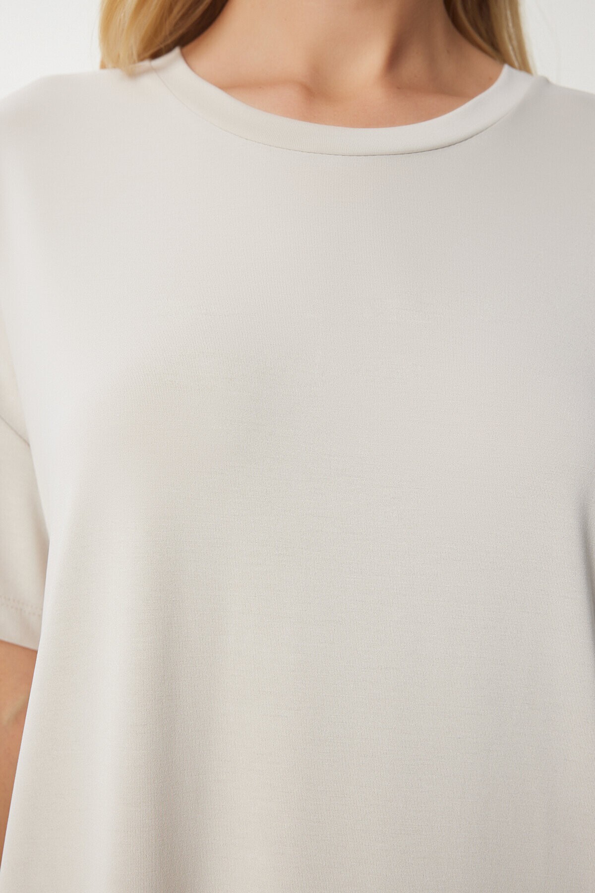 Oversize Basic Yazlık Örme Elbise KREM LUB0082