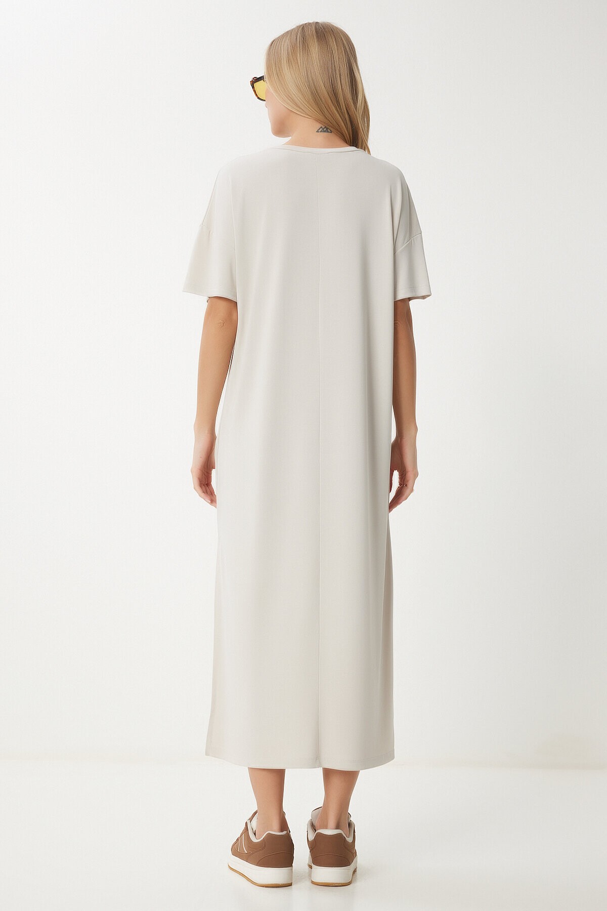 Oversize Basic Yazlık Örme Elbise KREM LUB0082