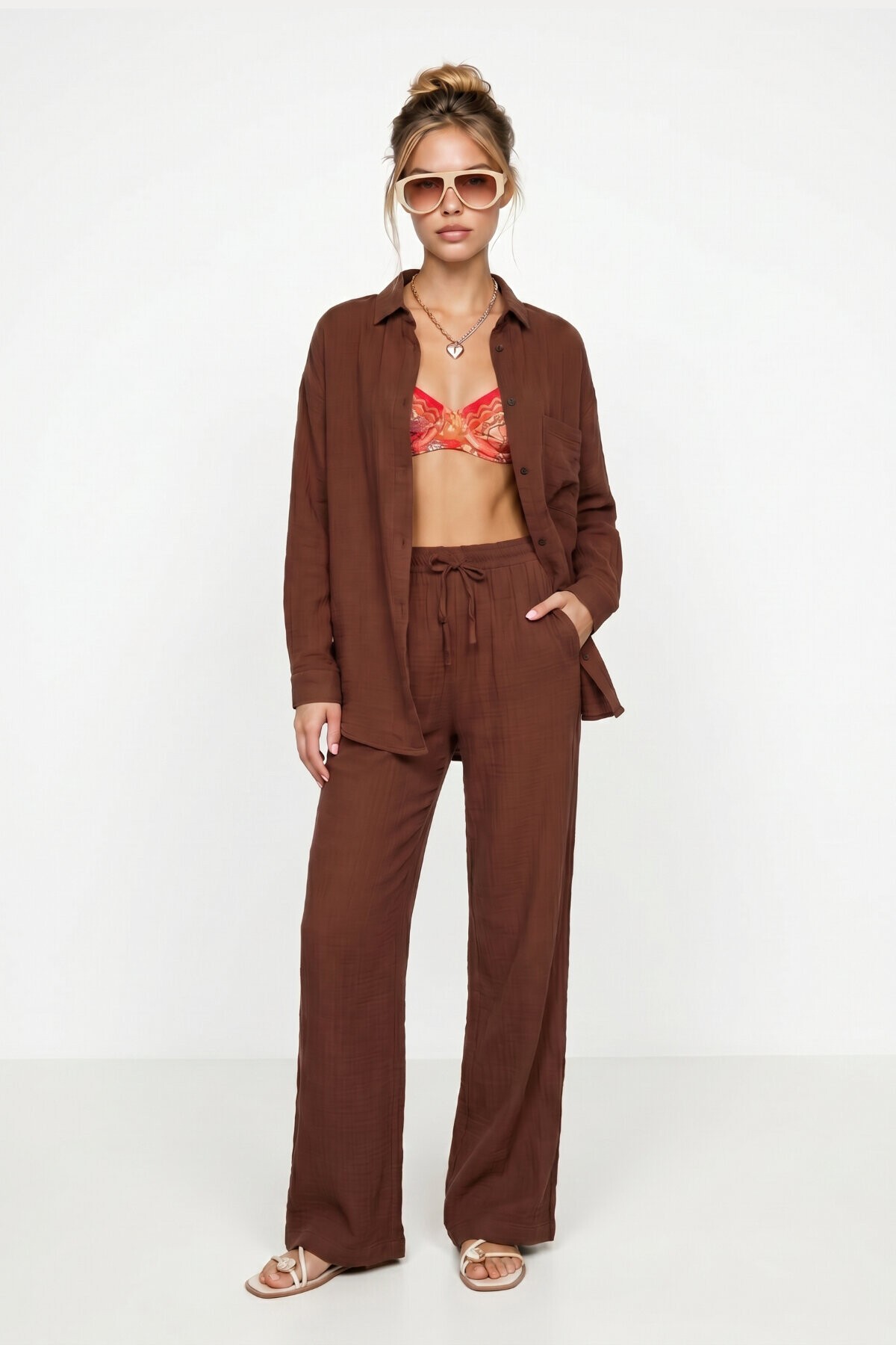 Oversize Müslin Gömlek Pantolon Takım KOYU KİREMİT LSA0014