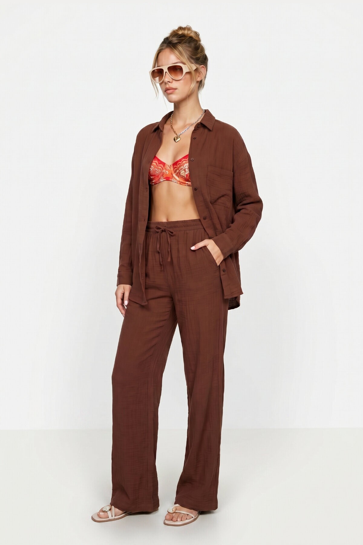 Oversize Müslin Gömlek Pantolon Takım KOYU KİREMİT LSA0014