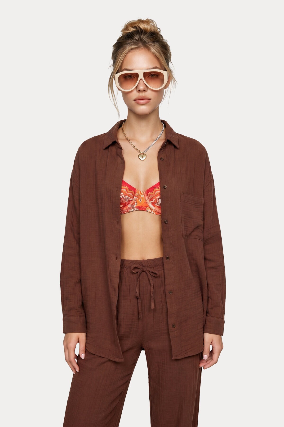 Oversize Müslin Gömlek Pantolon Takım KOYU KİREMİT LSA0014