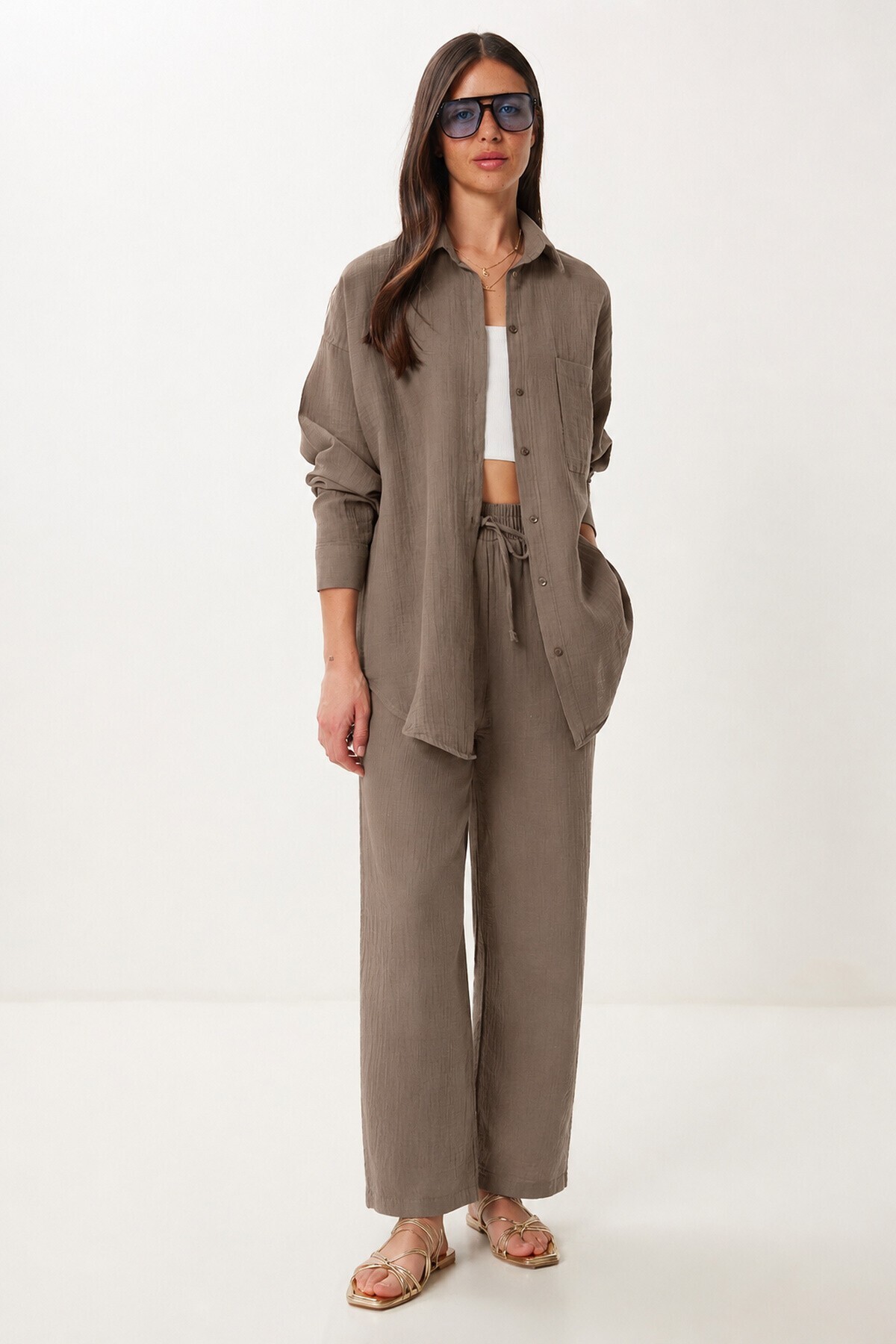 Oversize Müslin Gömlek Pantolon Takım VİZON LSA0014