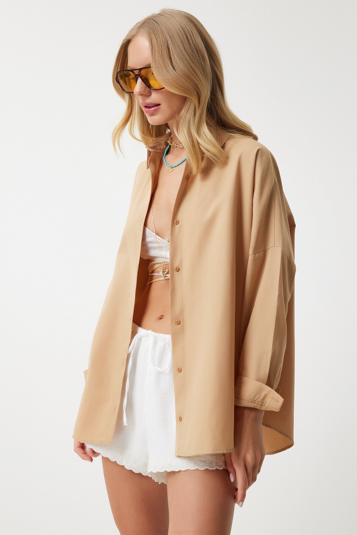 Oversize Uzun Basic Gömlek CAMEL LMX0106
