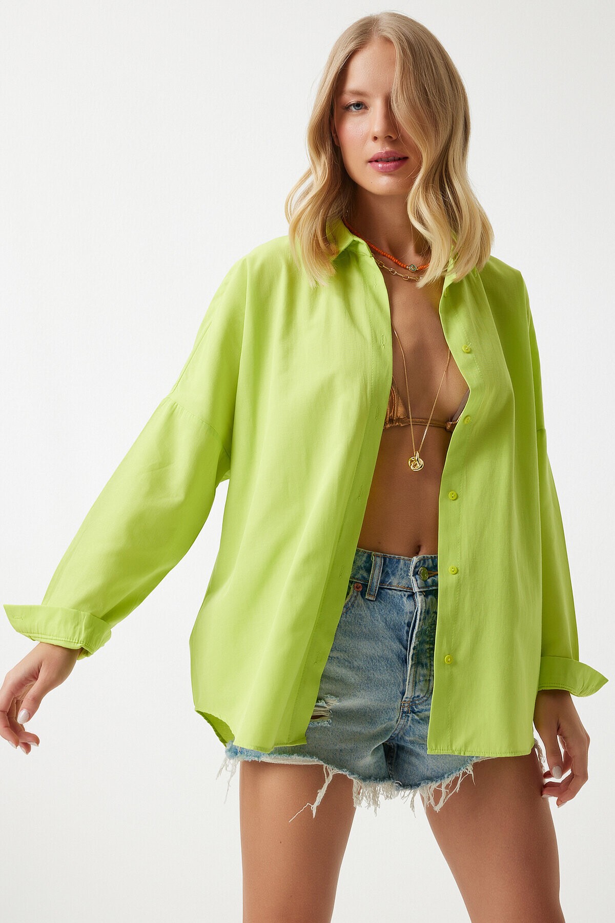Oversize Uzun Basic Gömlek FISTIK YEŞİLİ LMX0106