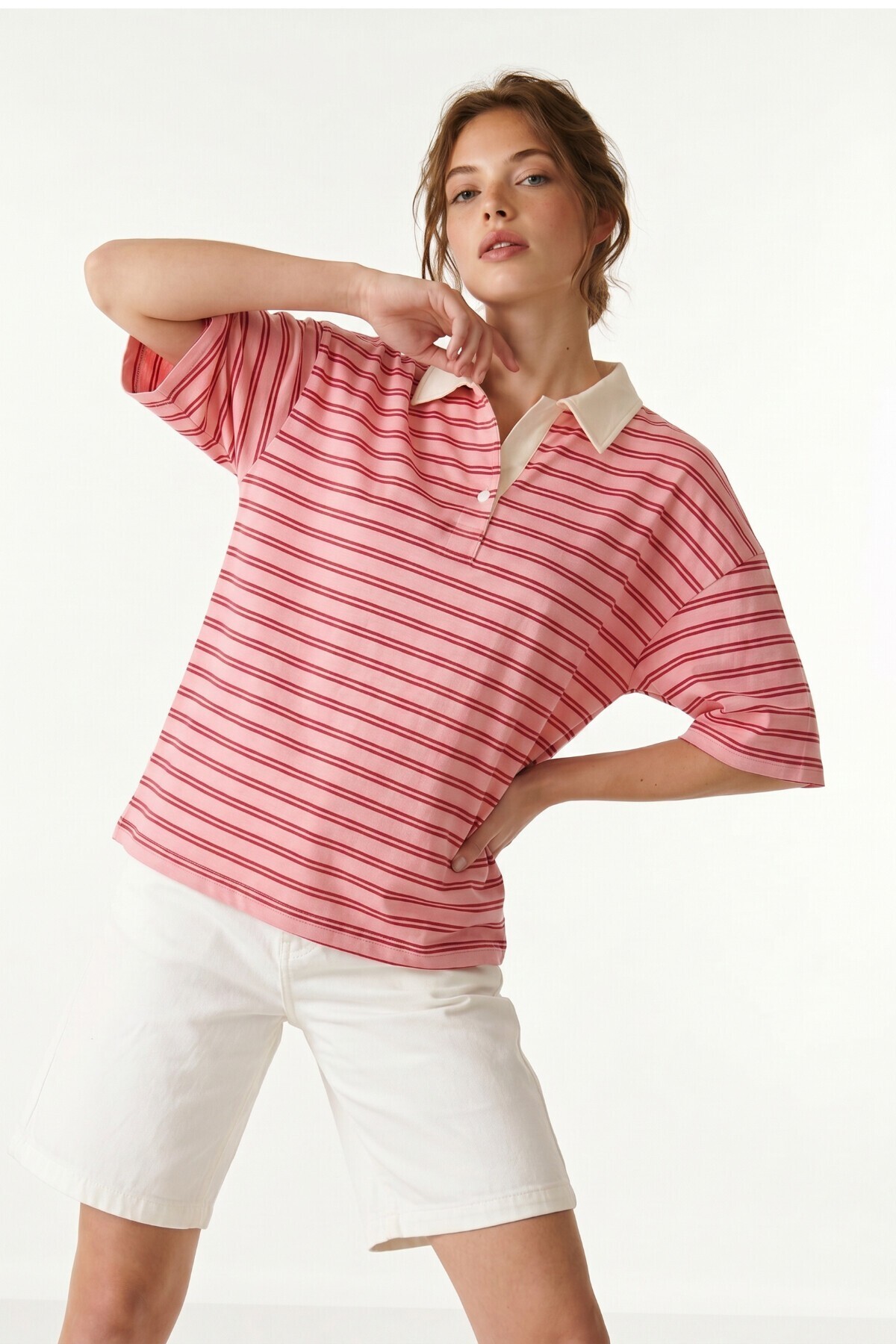 Polo Yaka Çizgili Oversize Örme T-shirt PEMBE LUB0388