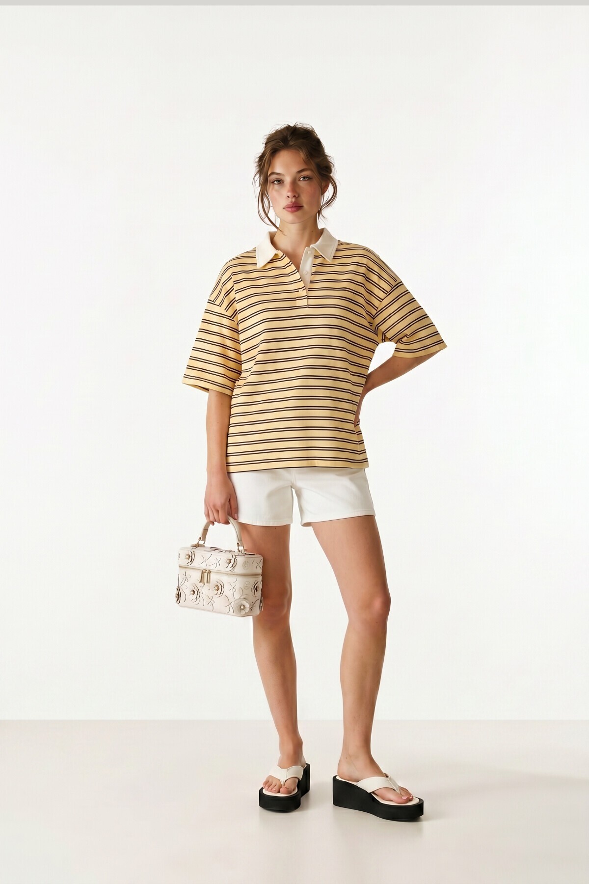 Polo Yaka Çizgili Oversize Örme T-shirt SARI LUB0388