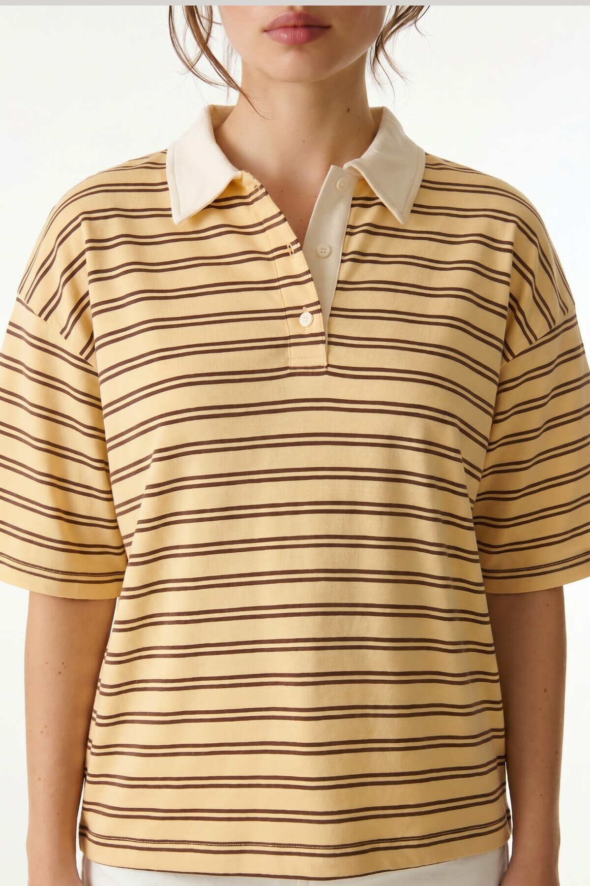 Polo Yaka Çizgili Oversize Örme T-shirt SARI LUB0388