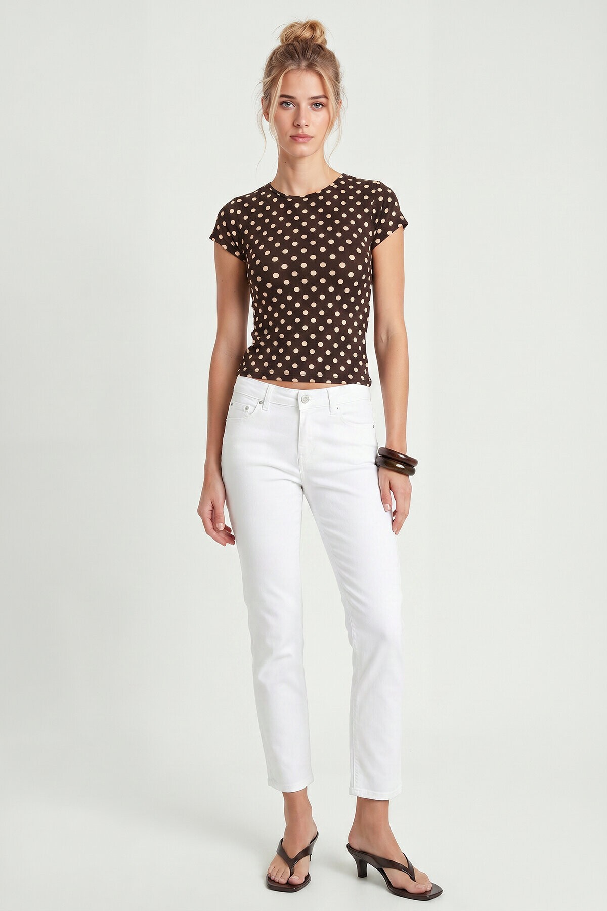 Puantiye Desenli Polyamid T-shirt KAHVERENGİ LZV0083