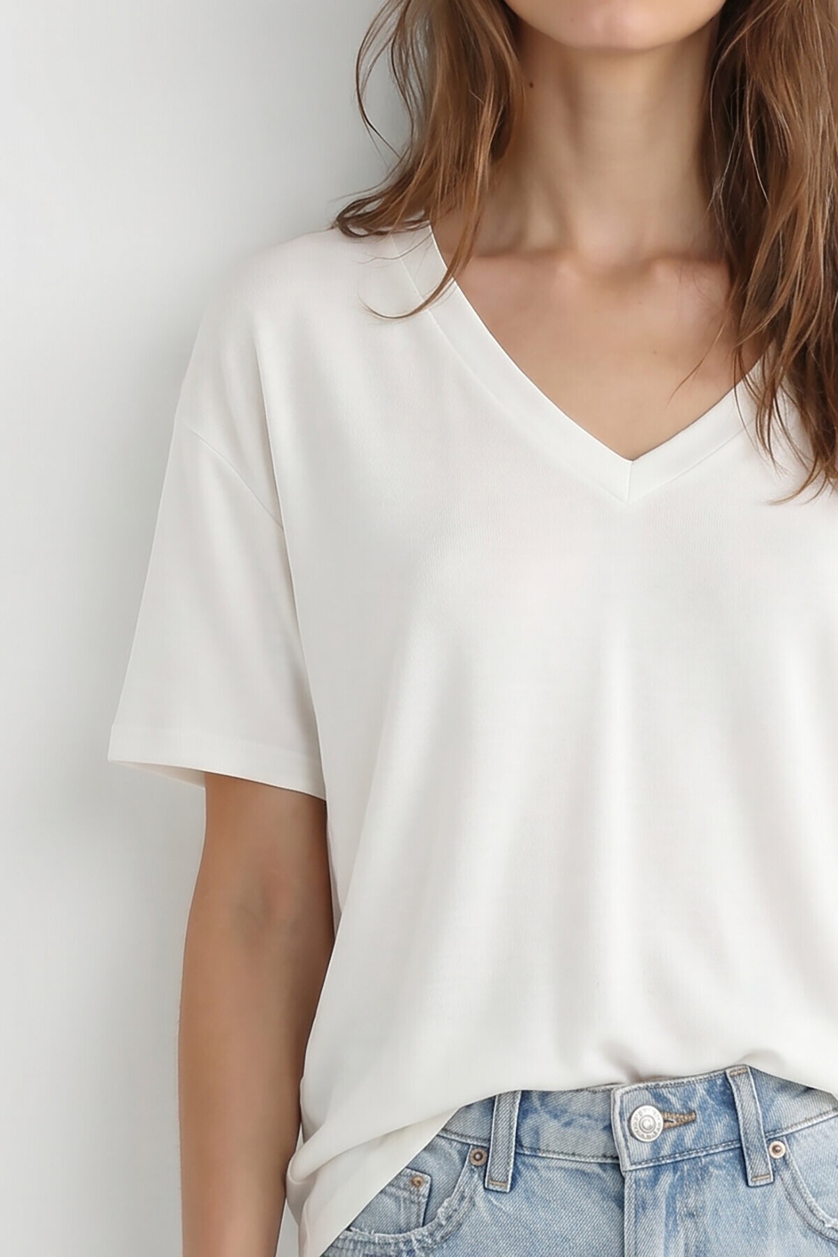 V Yaka Oversize Basic Örme T-shirt EKRU LZV0072