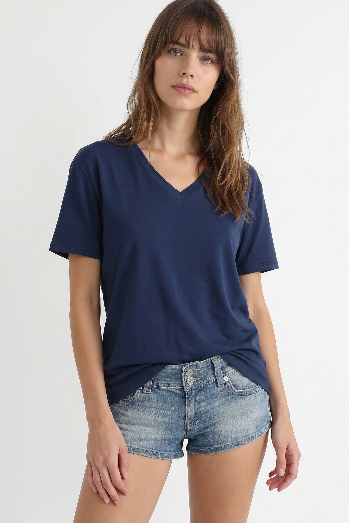 V Yaka Oversize Basic Örme T-shirt LACİVERT LZV0072