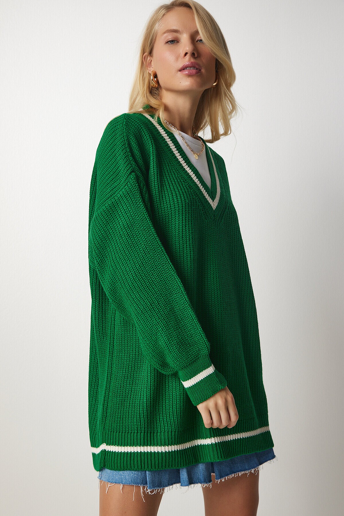 V Yaka Oversize Uzun Triko Kazak YEŞİL LBP0004