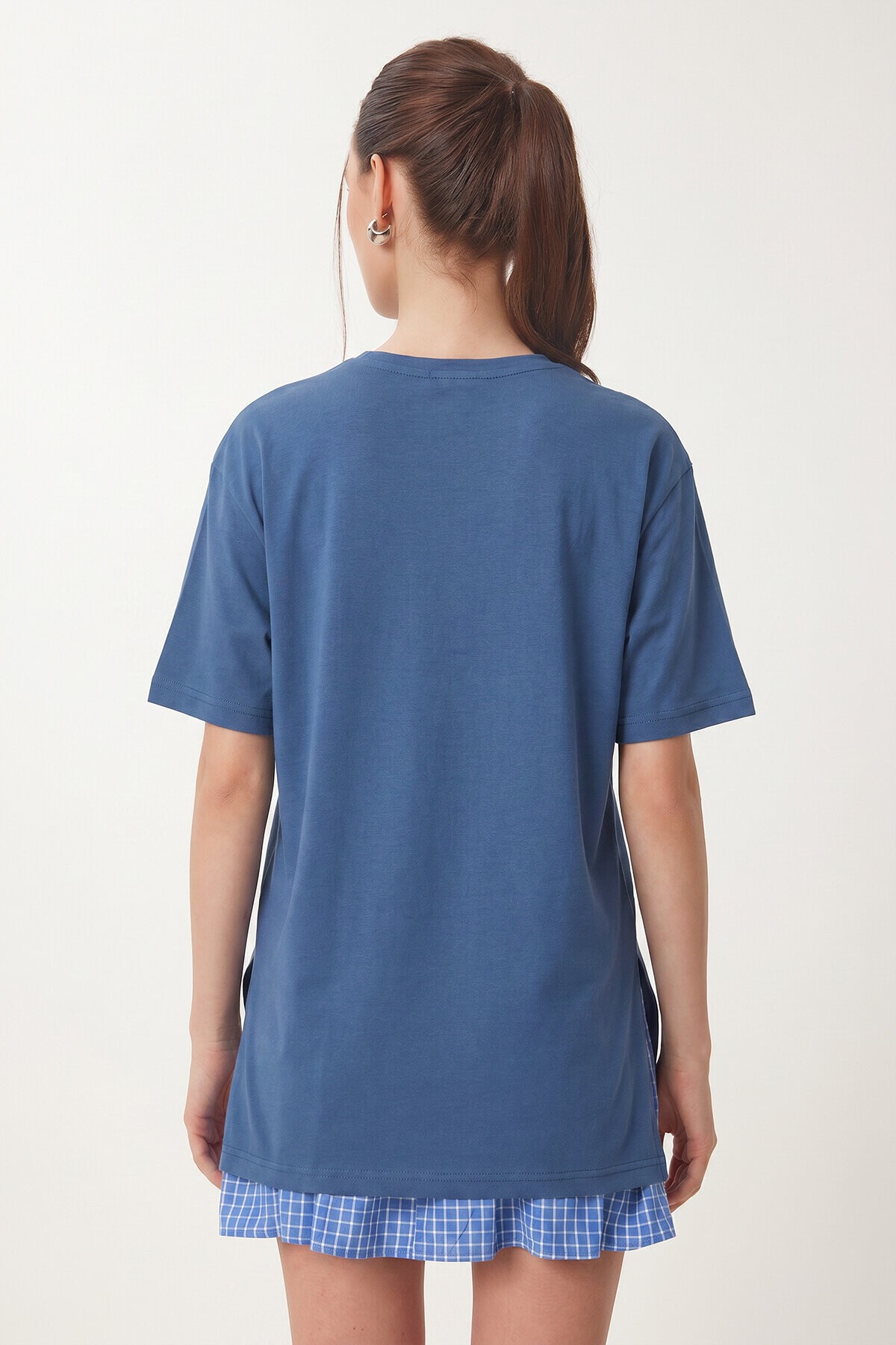 V Yaka Yırtmaçlı Viskon T-shirt KOBALT MAVİ LRN0039