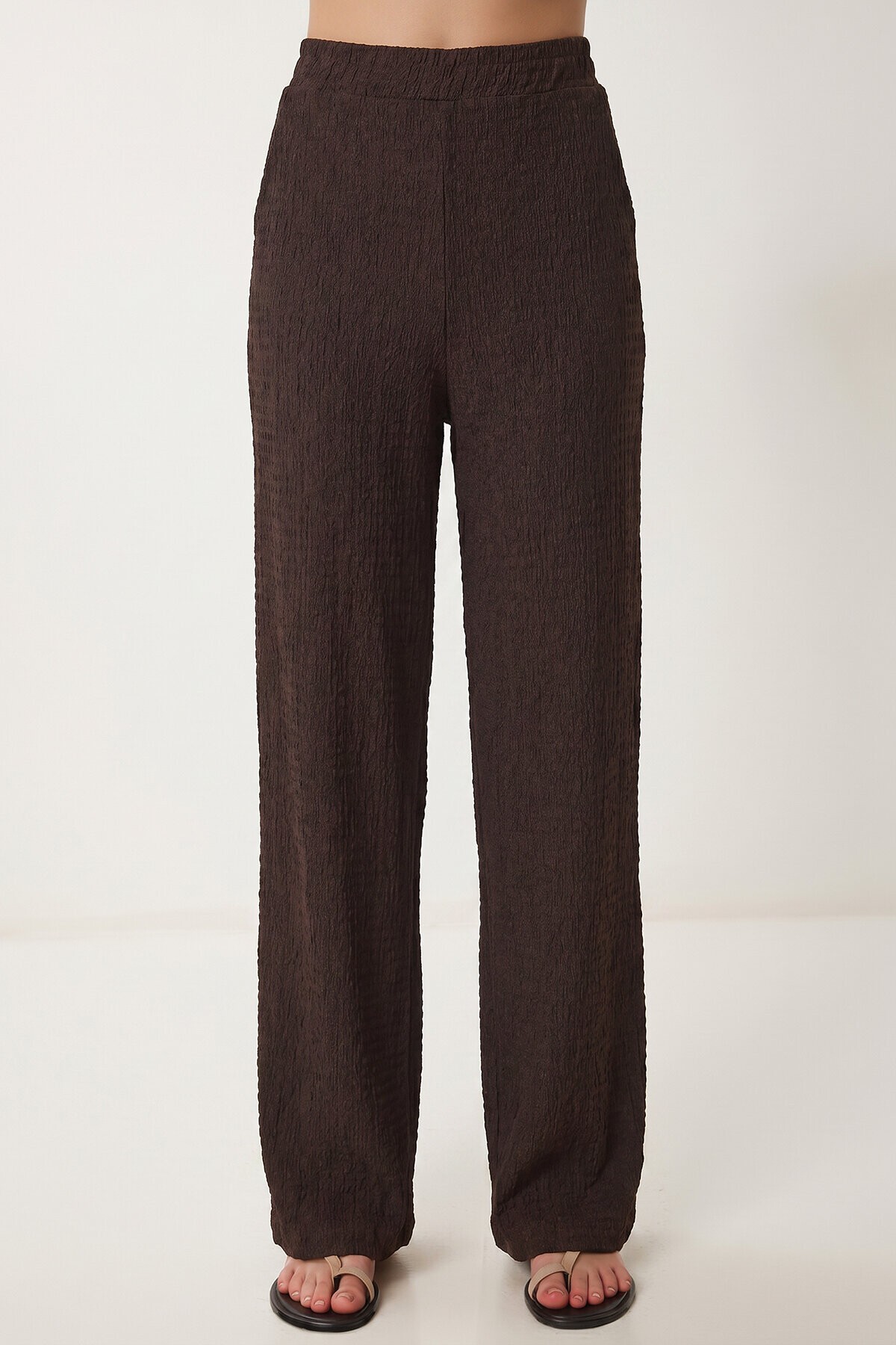 Volanlı Bluz Pantolon Krinkıl Takım KAHVERENGİ LFW0025