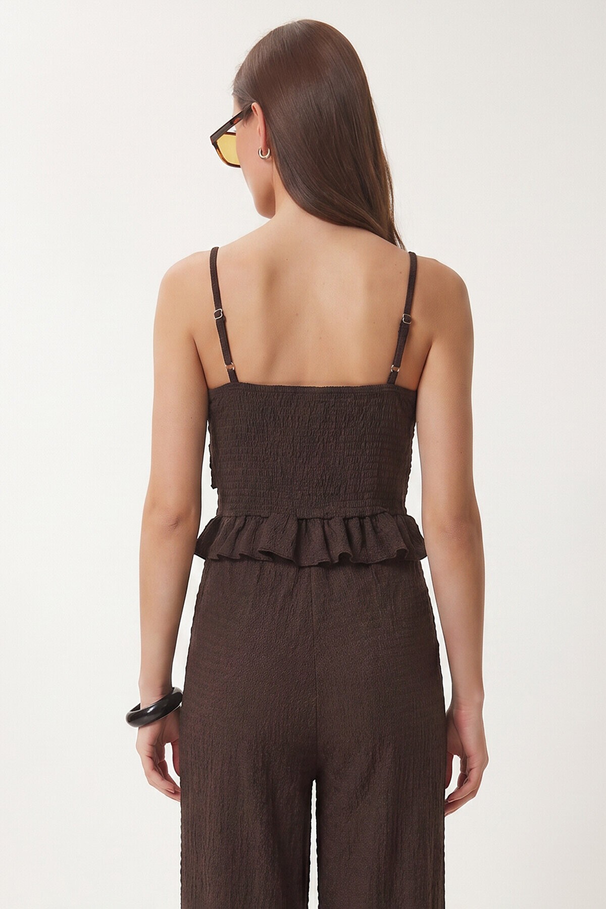 Volanlı Bluz Pantolon Krinkıl Takım KAHVERENGİ LFW0025