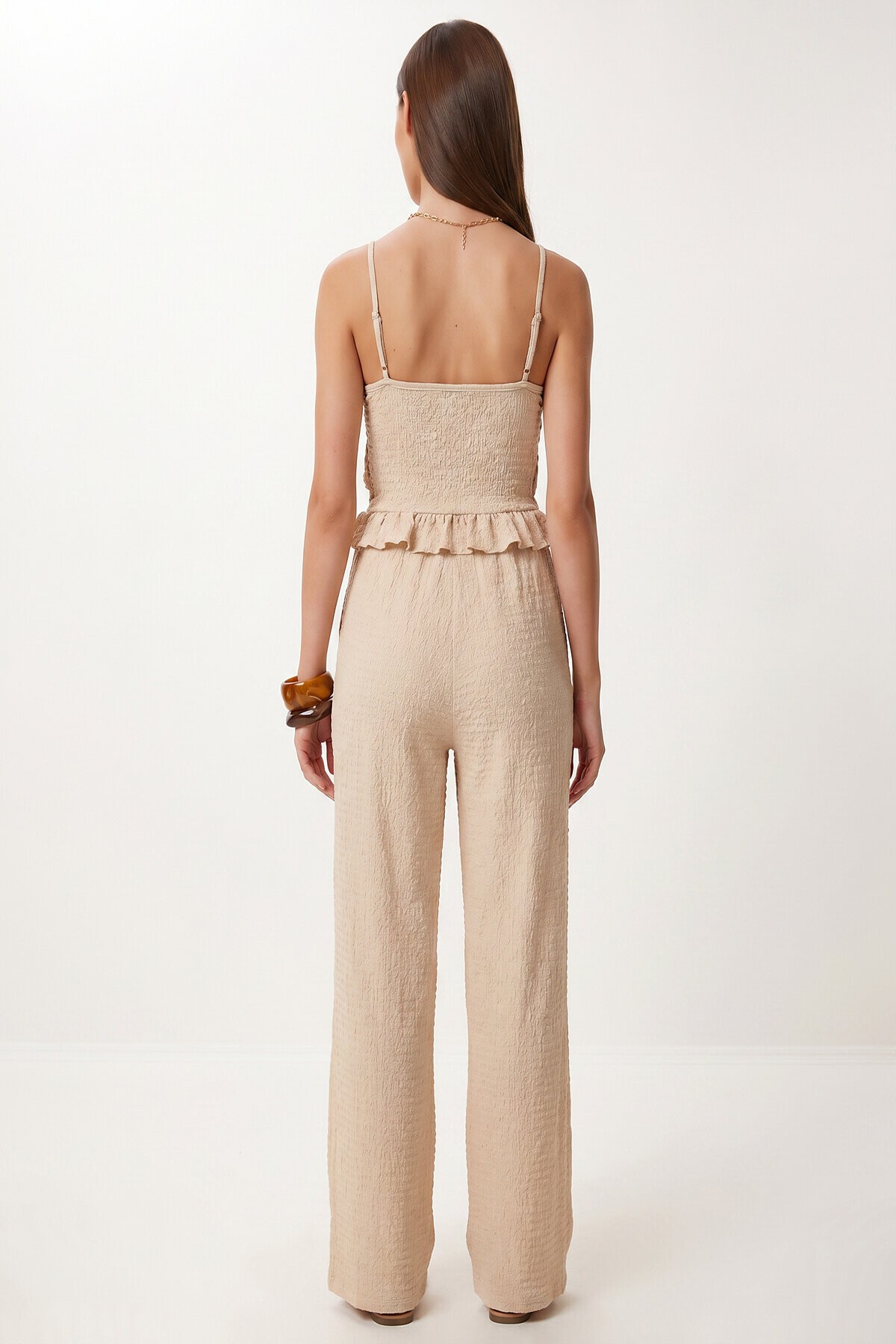 Volanlı Bluz Pantolon Krinkıl Takım KREM LFW0025