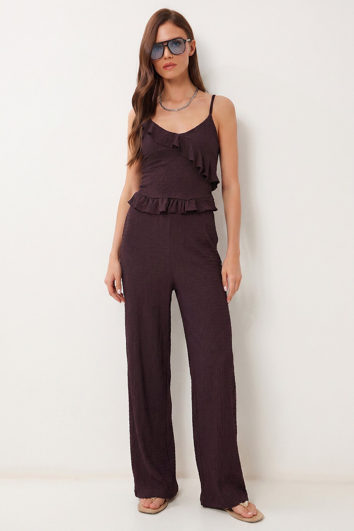 Volanlı Bluz Pantolon Krinkıl Takım MÜRDÜM LFW0025