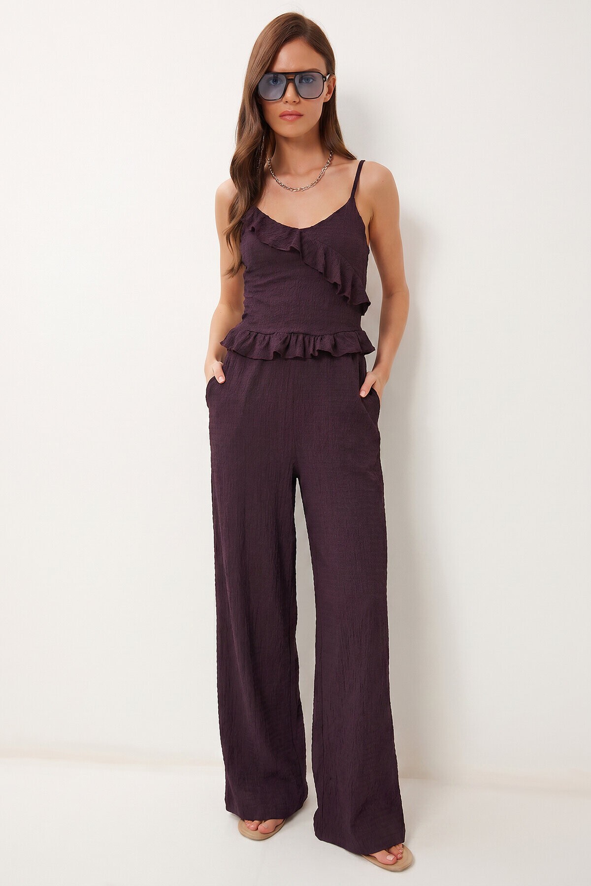 Volanlı Bluz Pantolon Krinkıl Takım MÜRDÜM LFW0025