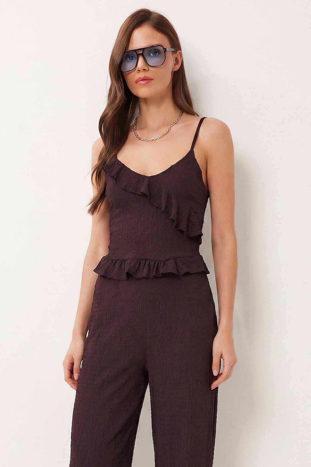 Volanlı Bluz Pantolon Krinkıl Takım MÜRDÜM LFW0025