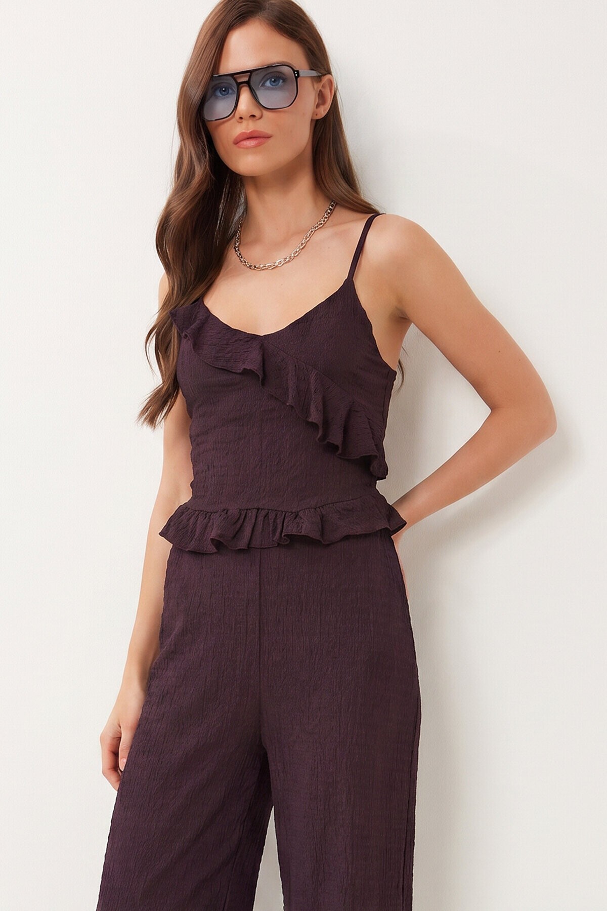 Volanlı Bluz Pantolon Krinkıl Takım MÜRDÜM LFW0025